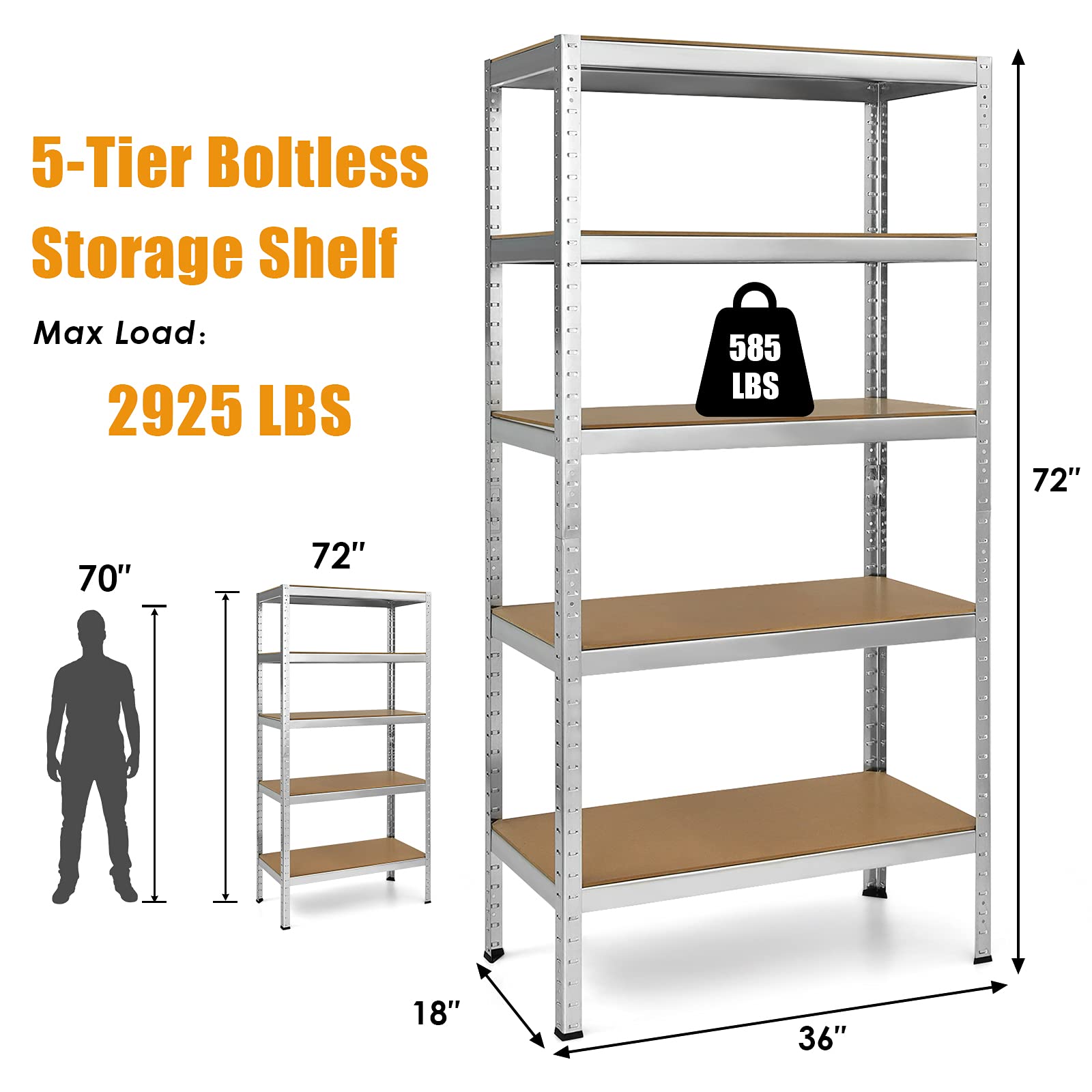 Tangkula 72 Inch Heavy Duty 5-Tier Metal Storage Shelves - Steel Frame Garage Shelving Unit for Home, Office, Dormitory, Warehouse & Garage Organization (Silver) - Perfect for Storing Tools, Books, Supplies & Seasonal Items