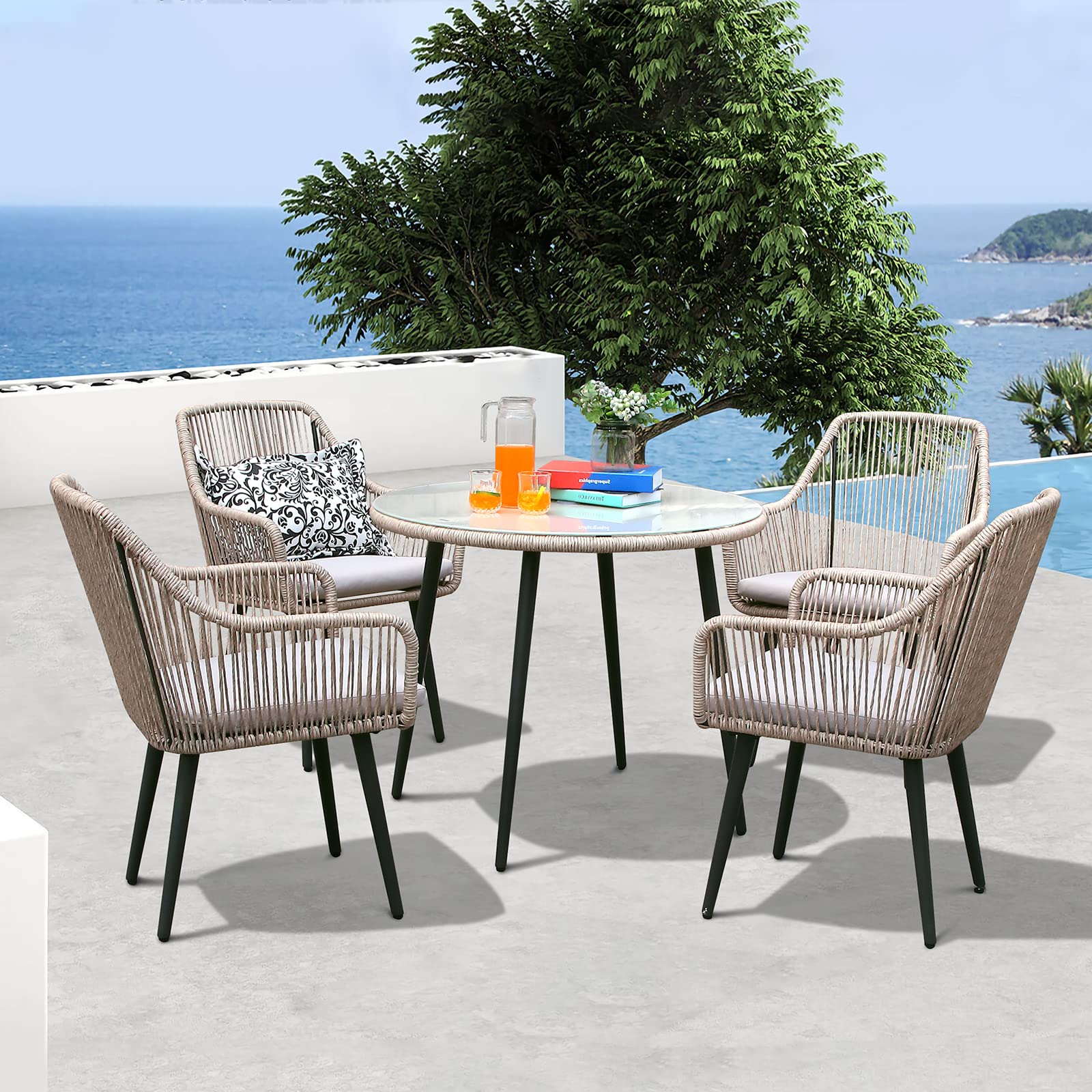 35'' Round Patio Dining Table - All-Weather Rattan Wicker with Tempered Glass Top & Umbrella Hole - Outdoor Coffee Table for Garden, Poolside, Backyard, Restaurant (Tan) | Perfect for Al Fresco Dining, Pool Parties & Outdoor Entertaining