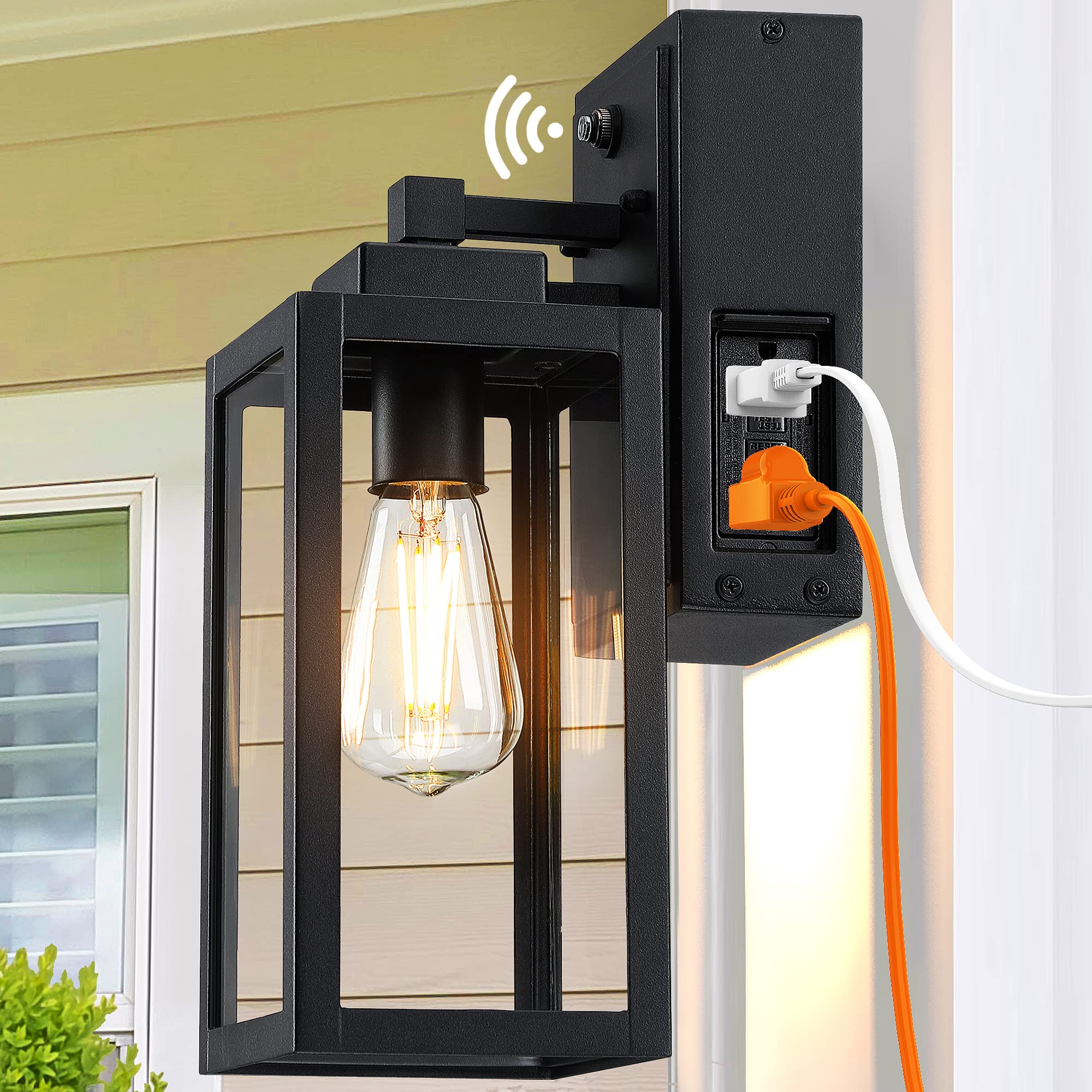 Dusk to Dawn Outdoor Porch Light with 2 GFCI Outlets - Waterproof Wall Mounted Exterior Light Fixture - Rust-Resistant Aluminum Wall Sconce for House, Balcony, Garage & Patio - Perfect for Nighttime Safety and Outdoor Lighting