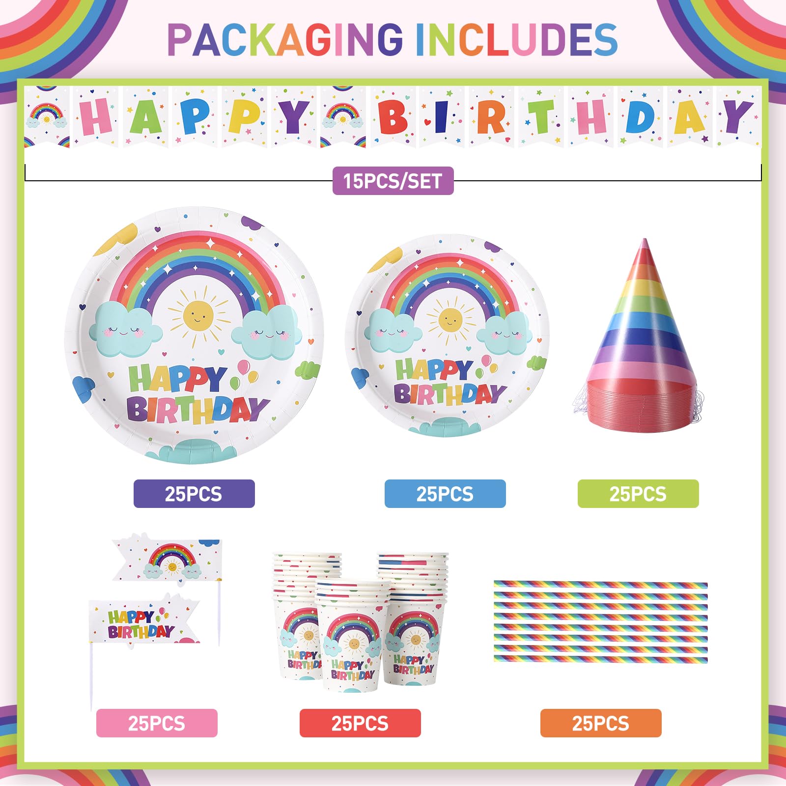 GARVEE 151-Piece Disposable Birthday Party Dinnerware Set - Rainbow Color Paper Plates, Cups & Napkins - Halloween Tableware for 25 Guests - Perfect for Birthday Celebrations, Baby Showers & Holiday Parties