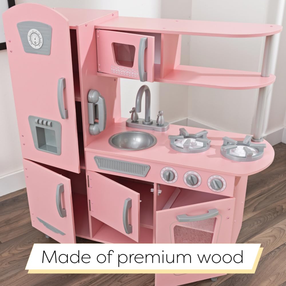 KidKraft Vintage Wooden Play Kitchen Set with Pretend Ice Maker & Play Phone - Pink Toy Kitchen for Girls & Boys - Perfect for Pretend Play, Role Play & Early Learning at Home