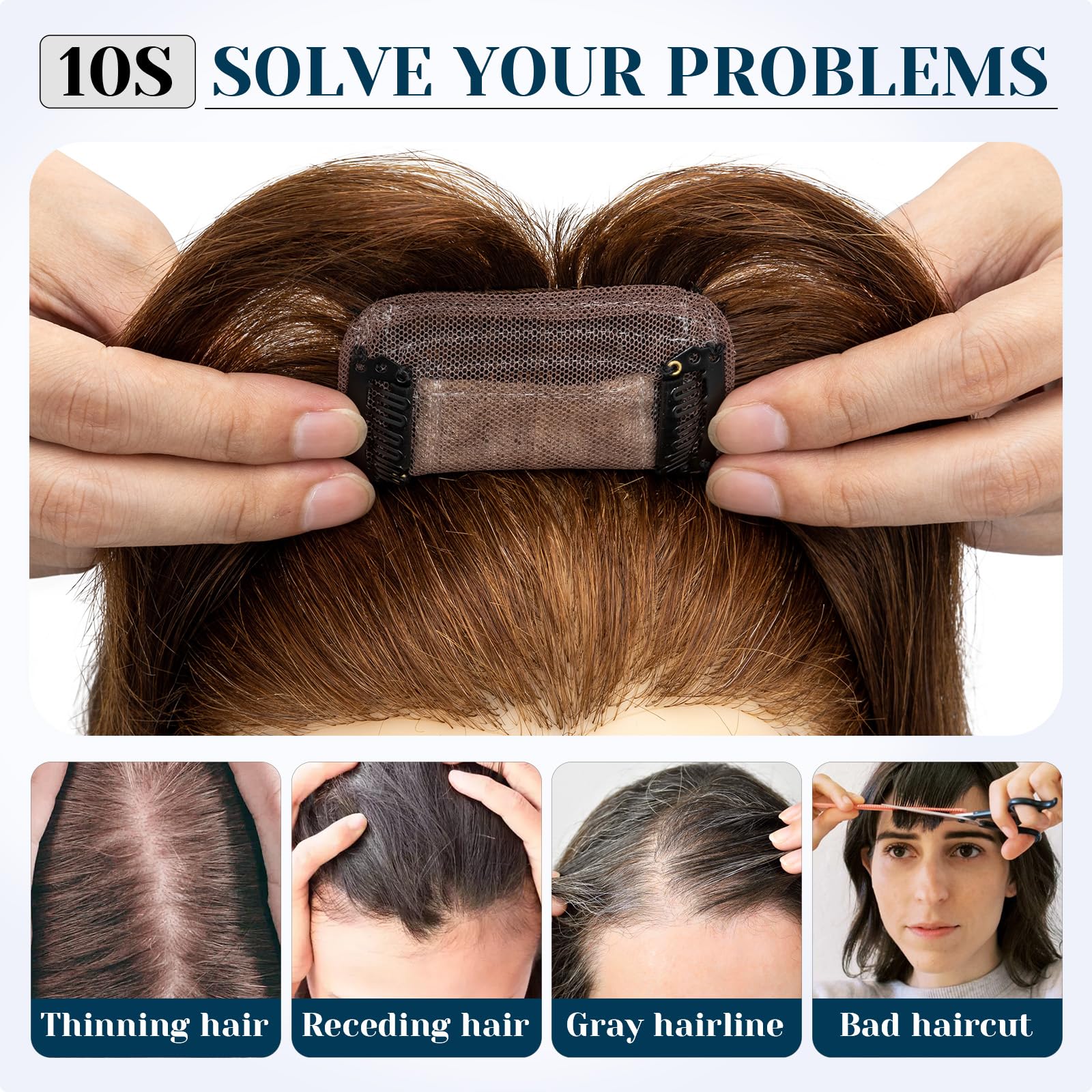 Benehair Clip-in Hair Topper for Women - 16 Inch Human Hair Extension with Thin Bangs, Silk Base, Straight & Soft (Dark Brown #2) | Perfect for Hair Loss, Thinning & Styling