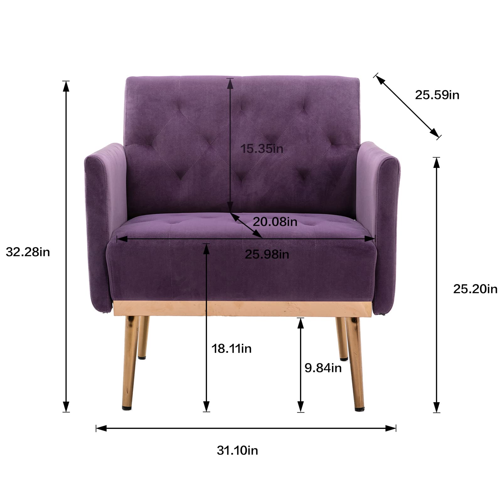 Modern Velvet Accent Chair with Gold Metal Feet - Luxurious Living Room & Bedroom Lounge Chair, Compact Single Sofa for Small Spaces, Perfect TV Armrest Seat for Home, Office or Coffee Shop (Purple) - Ideal for Relaxing, Reading & Entertaining Guests
