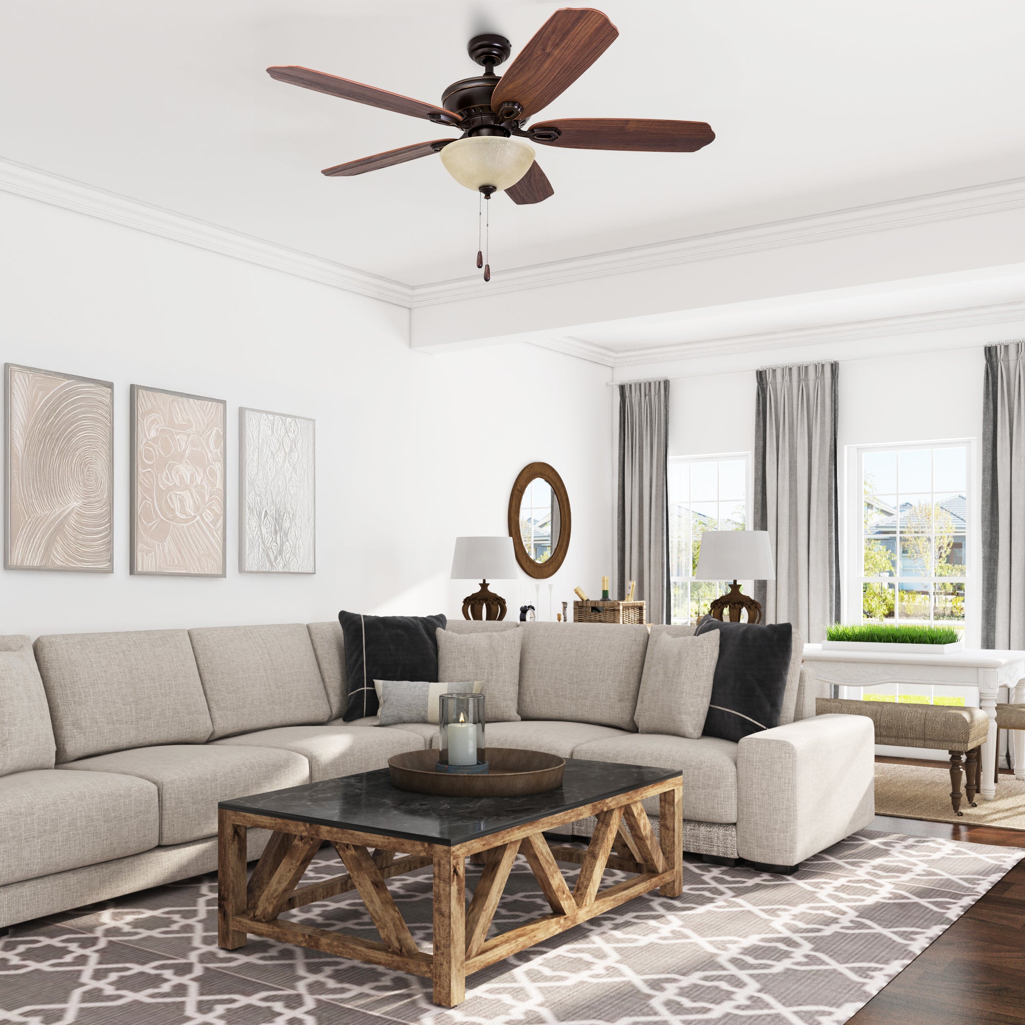 52 Inch Spring Hollow Ceiling Fan with Oil Rubbed Bronze Finish and Pull Chain - Perfect for Living Room, Bedroom, and Outdoor Patio Cooling