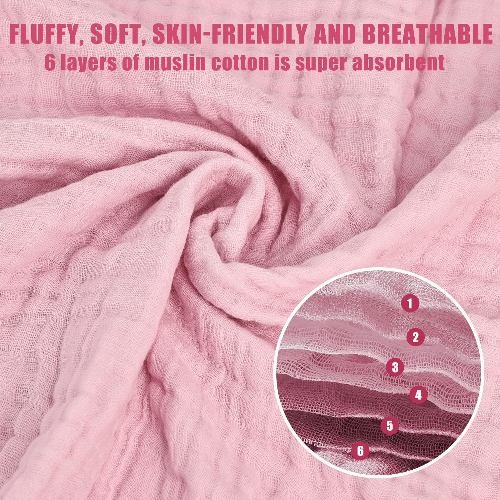 WinReal 3-Pack Muslin Baby Bath Towels - Ultra Soft, Absorbent 6-Layer Natural Cotton Infant Towels (40x40 inches) for Newborn, Toddler - White, Pink & Grey - Perfect for Bath Time, Swaddling & Nursery Essentials
