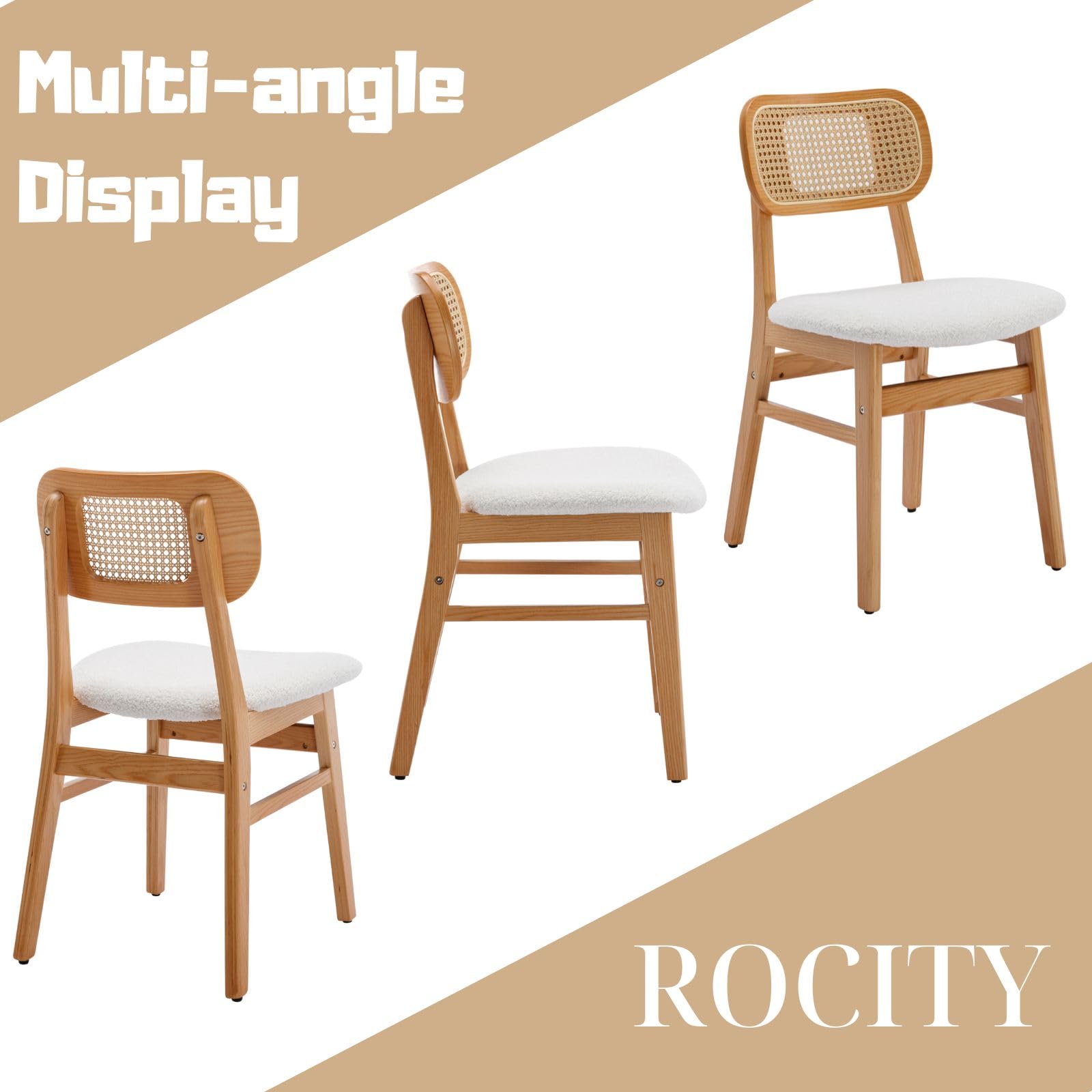 2 Pack White Lambswool Rattan Dining Chairs - Natural Wooden Farmhouse Kitchen Side Chairs for Dining Room, Breakfast Nook & Outdoor Patio