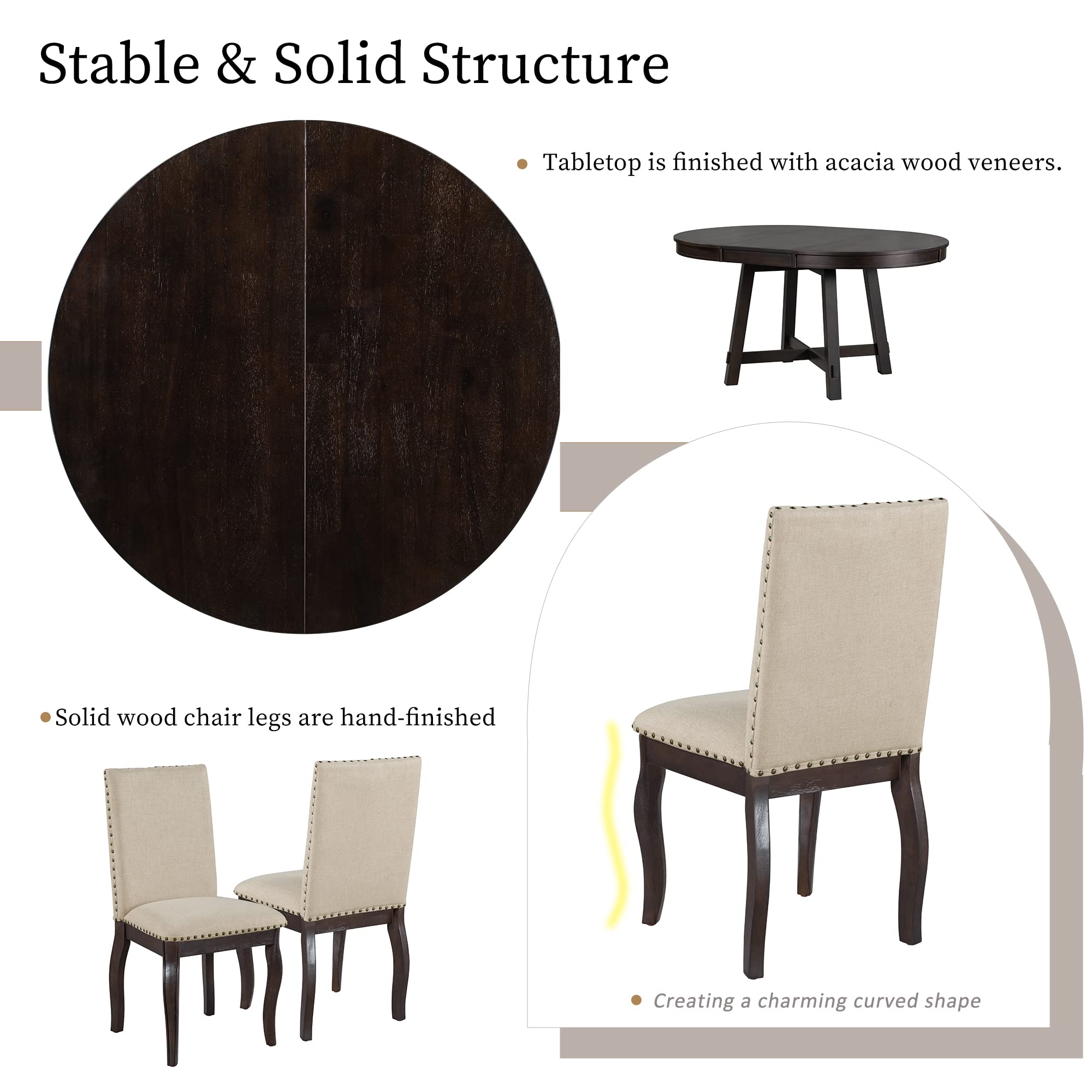 Polibi 5-Piece Farmhouse Dining Set - Espresso Wooden Round Extendable Table & 4 Upholstered Chairs, Perfect for Small Spaces & Family Gatherings