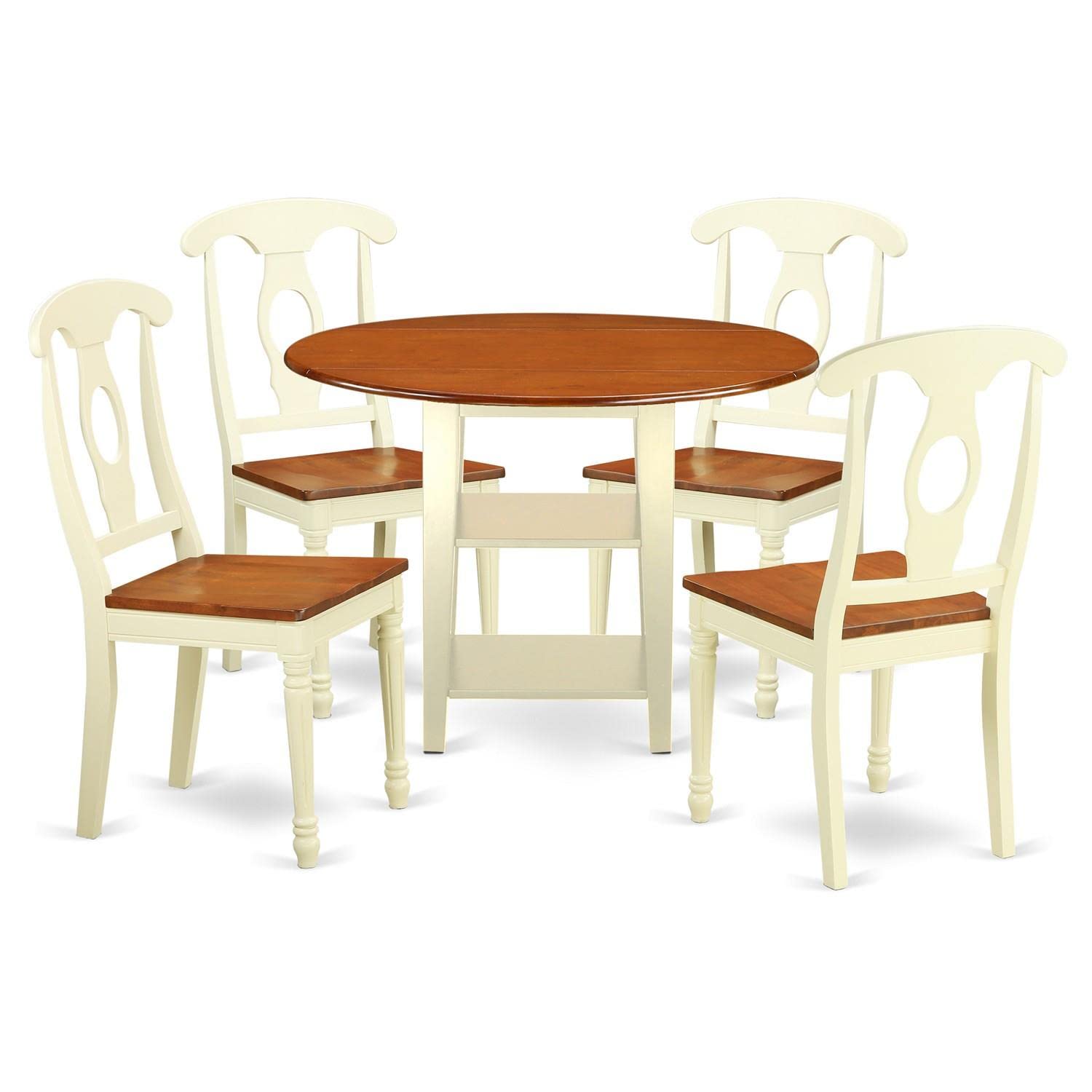 East West Furniture SUKE5-BMK-W 5-Piece Round Kitchen Dining Table Set with Drop Leaf & Storage Shelves - 42x42 Inch, Buttermilk & Cherry Finish - Seats 4, Perfect for Small Spaces, Breakfast Nooks & Cozy Family Meals