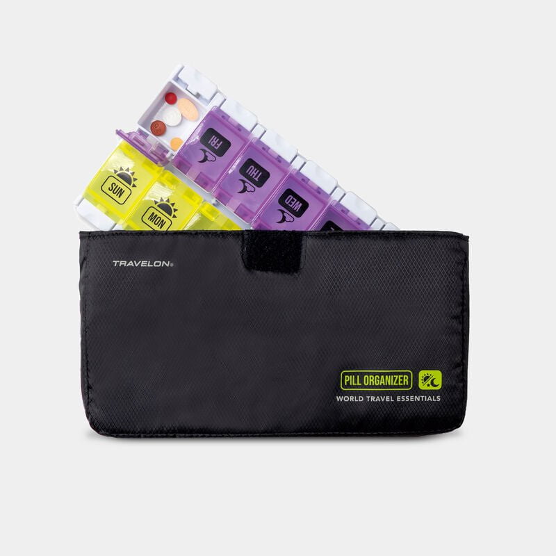Travelon 7-Day AM/PM Push Button Pill Organizer - Portable Medication Case for Travel, Work & Daily Use - Compact Weekly Pill Box with Secure Locking Compartments (Perfect for Business Trips, Vacations & Home Medication Storage)