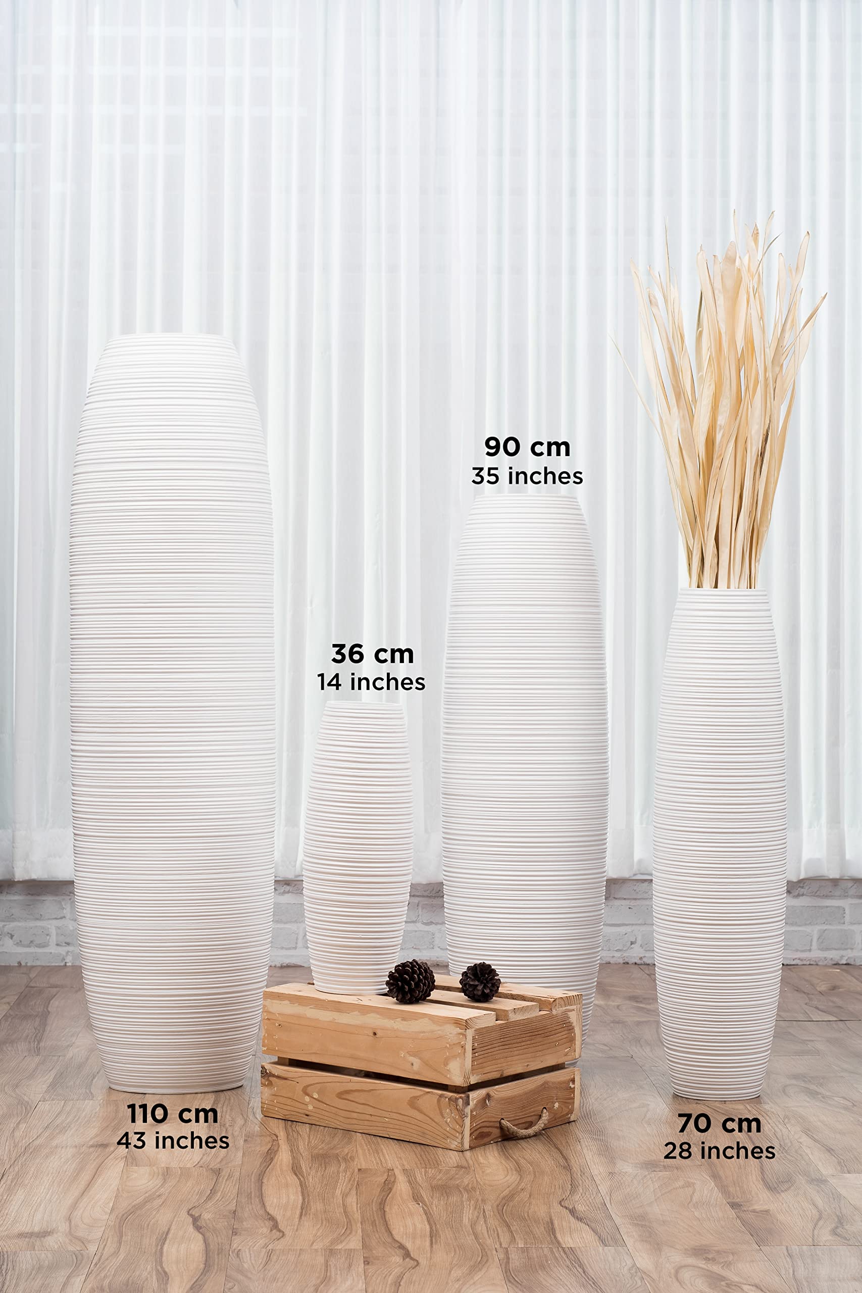 Leewadee 36 Inch Large White Wooden Floor Vase - Farmhouse Home Decor for Flowers, Fake Plants & Pampas Grass - Perfect for Living Room, Entryway & Wedding Decor