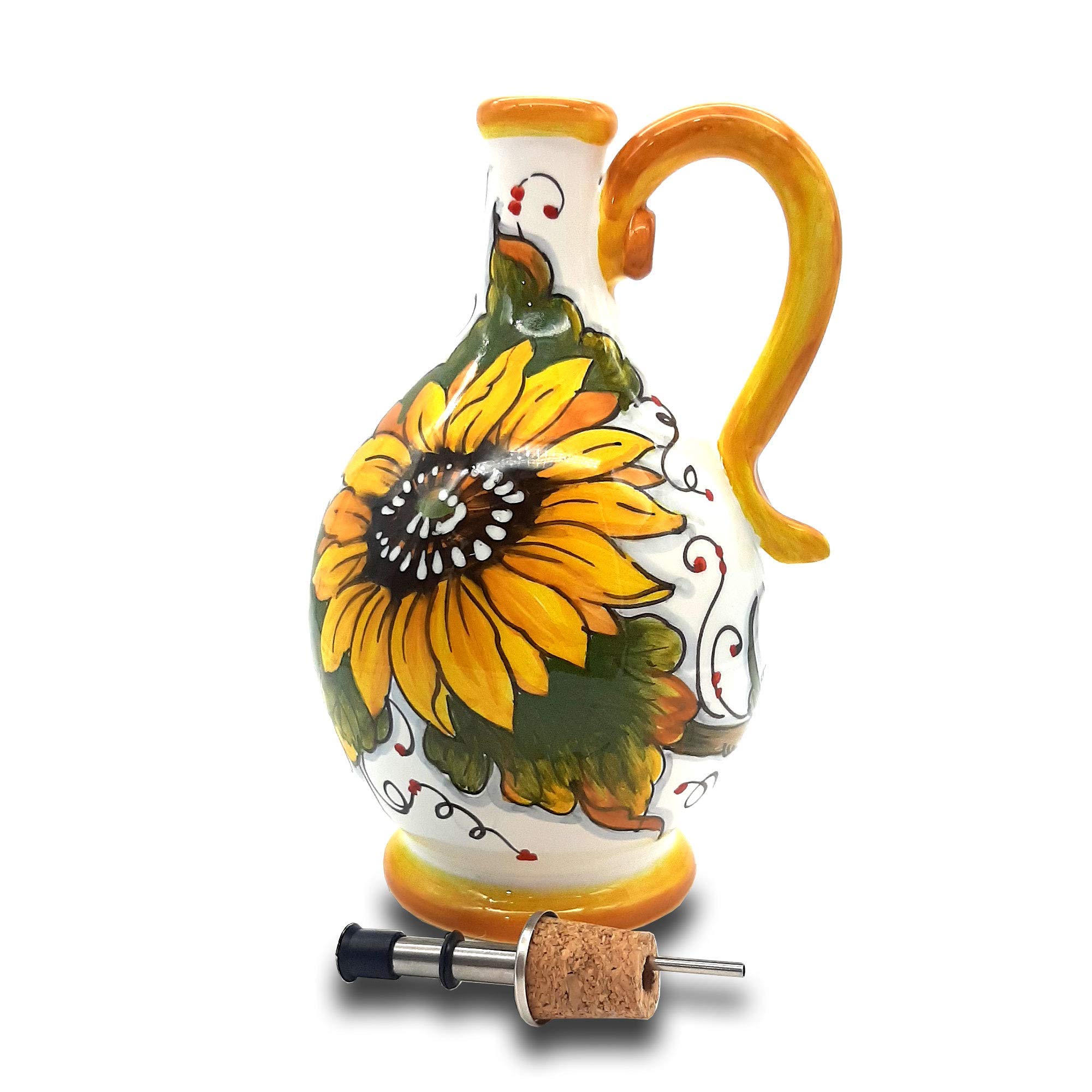 Italian Ceramic Olive Oil Dispenser Bottle - Hand Painted XL 14oz Oil Cruet with Sunflower & Poppies Design - Tuscan Kitchen Decor - Perfect for Cooking, Salad Dressing & Gourmet Gifts - Made in Italy