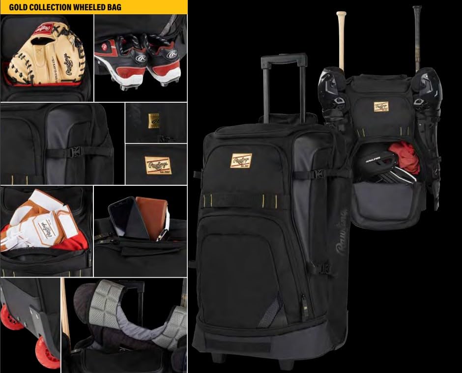Rawlings GOLD COLLECTION Wheeled Equipment Bag for Baseball & Softball - Durable Sports Gear with Multiple Style Options | Perfect for Team Travel & Game Day Organization
