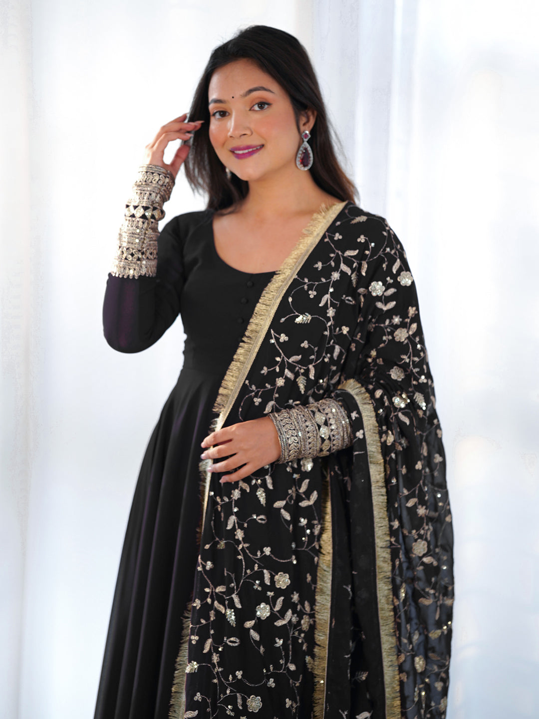 Elegant Black Heavy Pure Soft Fox Georgette Anarkali Dress with Embroidery & Sequence Jari Work - Perfect for Weddings, Parties & Festive Occasions