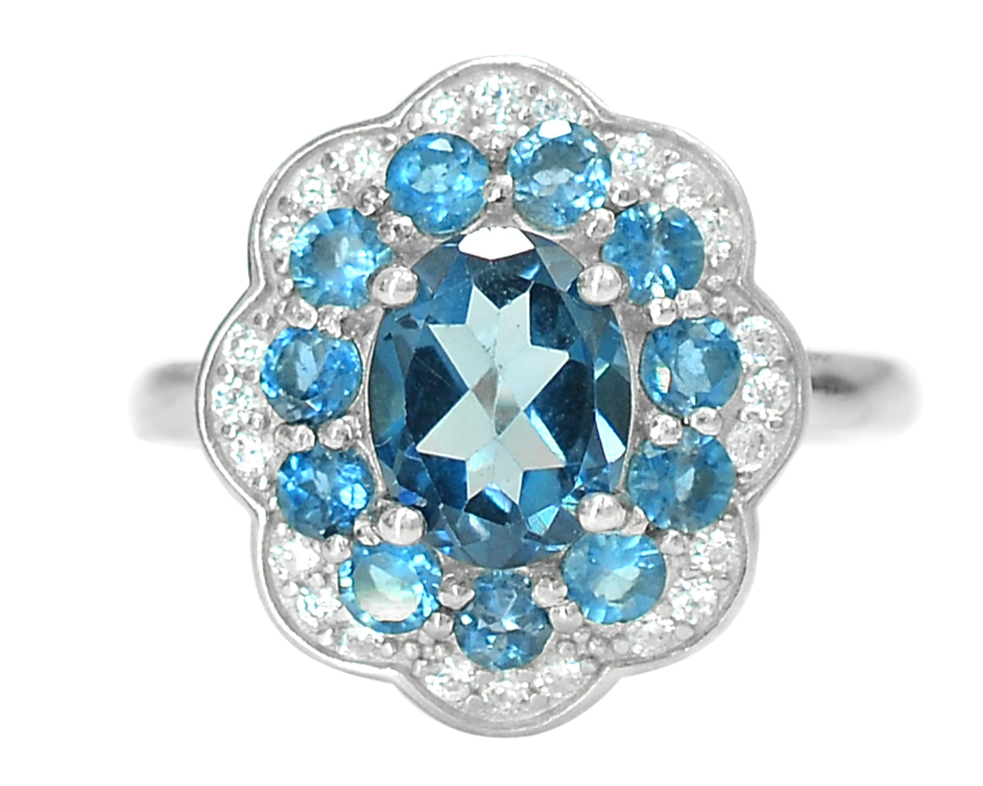 9X7 MM Natural London Blue Topaz Gemstone Ring in 925 Sterling Silver - December Birthstone Jewelry, Unisex Cluster Ring for Proposal, Christmas Gift for Girlfriend, Women's Fashion Accessory for Parties & Special Occasions