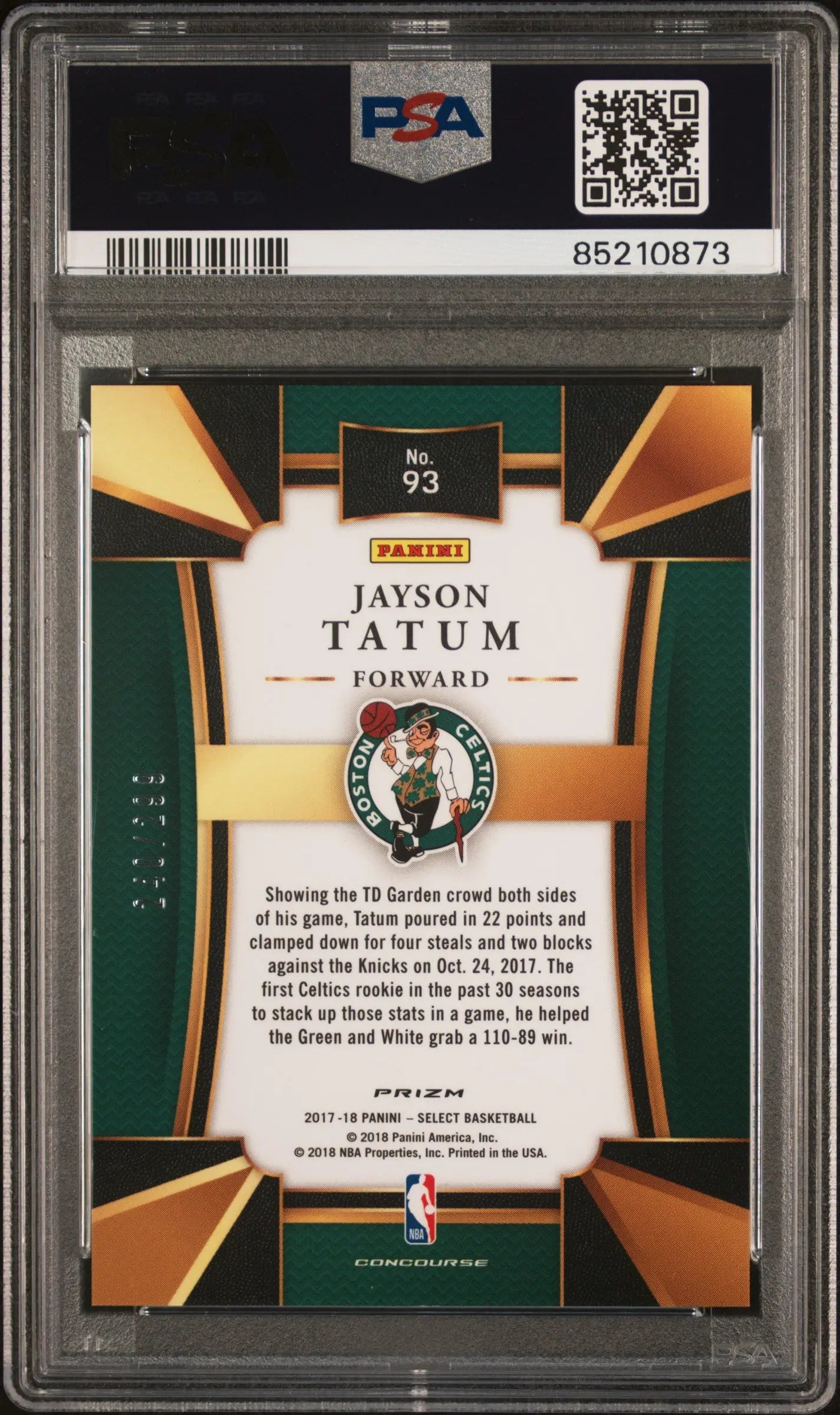 2017 Panini Select Jayson Tatum Rookie Blue Prizm PSA 10 Basketball Card #/299 - Perfect for NBA Collectors & Sports Memorabilia Display