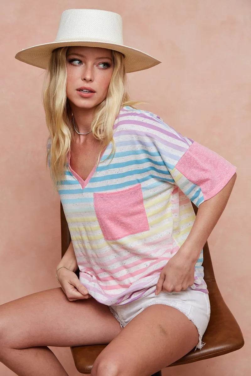 BiBi Rainbow Stripe Printed Triblend Knit Top - Women's Soft Comfortable Casual T-Shirt for Everyday Wear, Street Style & Summer Outfits