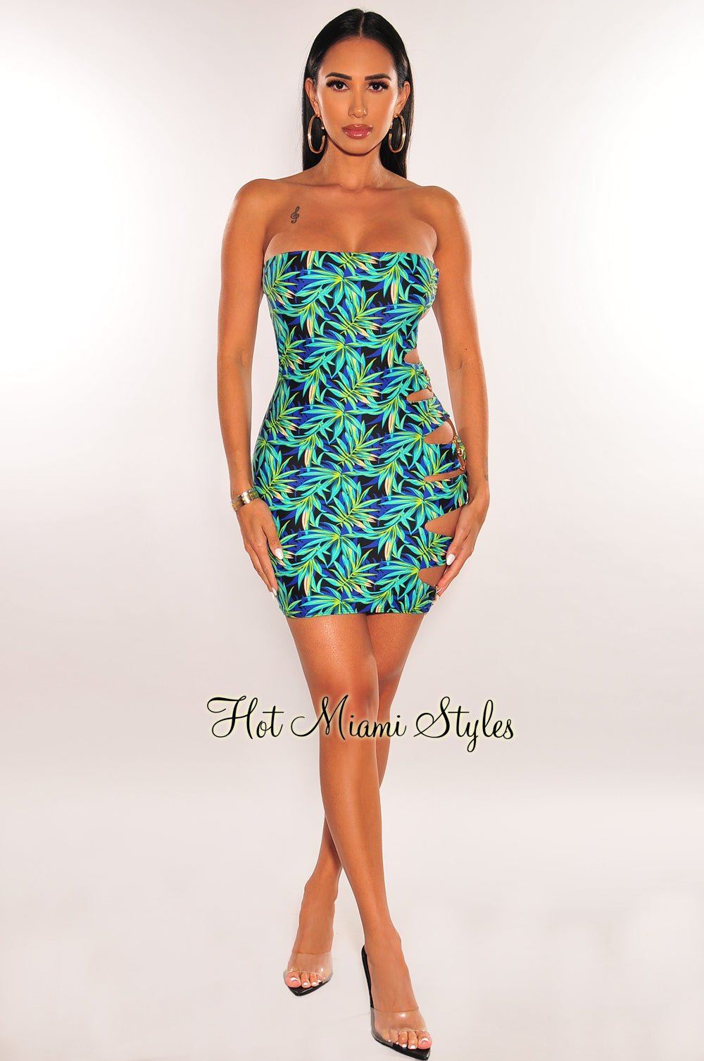 Sexy Tropical Print Gold Ring Strapless Cut Out Mini Dress for Women - Perfect for Beach Parties, Vacations & Summer Nights