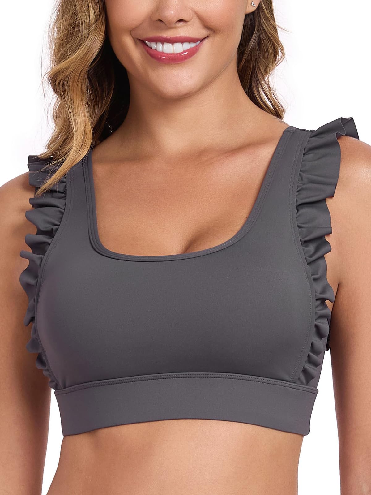 RELLECIGA Women's Ruffle Scoop Neck Sports Bra - High Support Workout Bra for Yoga, Running & Fitness - Breathable & Comfortable Activewear for Gym, Dance & Everyday Wear