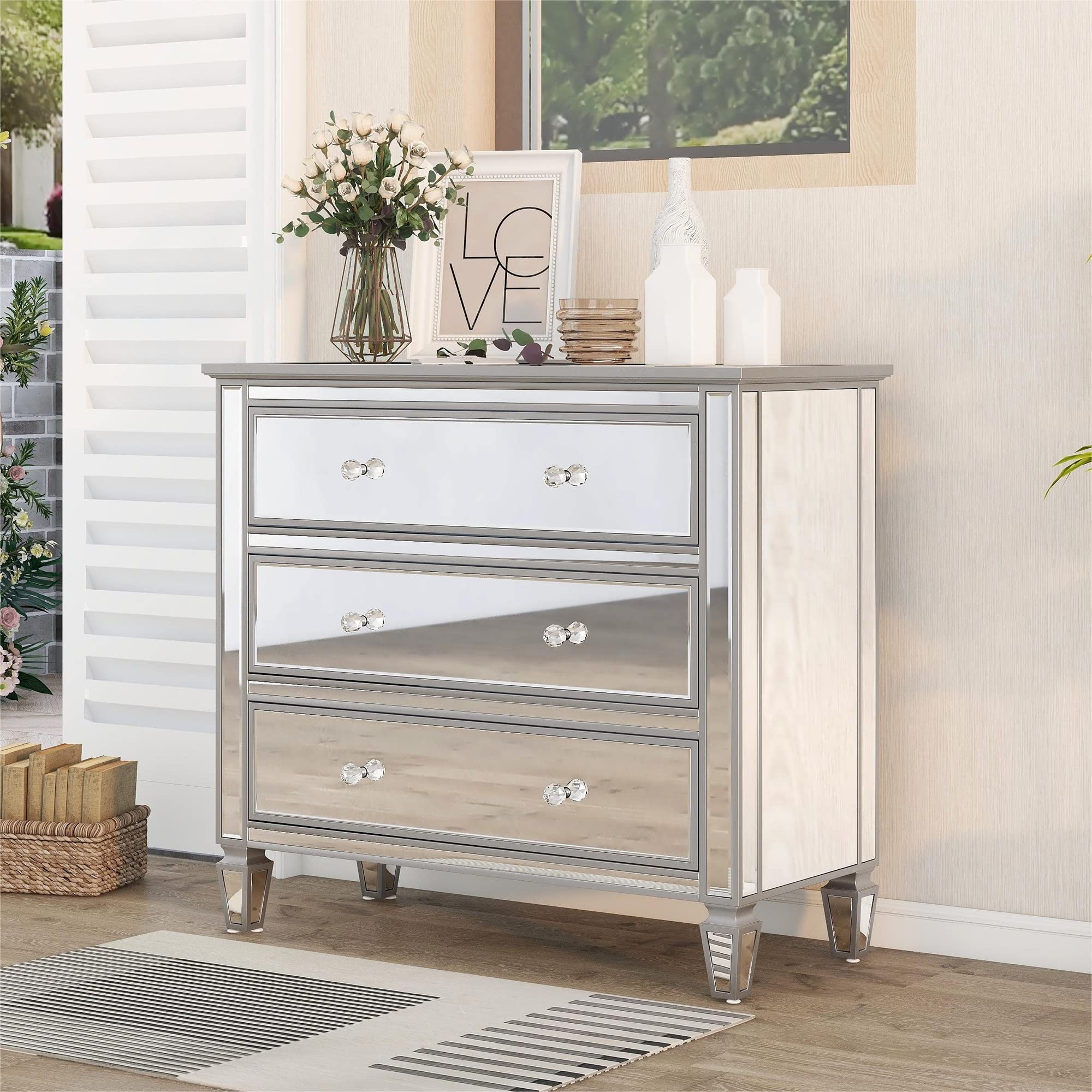 SOFTSEA Modern 3-Drawer Mirrored Dresser with Crystal Knobs - Silver Glass Storage Cabinet for Bedroom Organization | Perfect for Small Spaces, Apartment Decor & Closet Storage