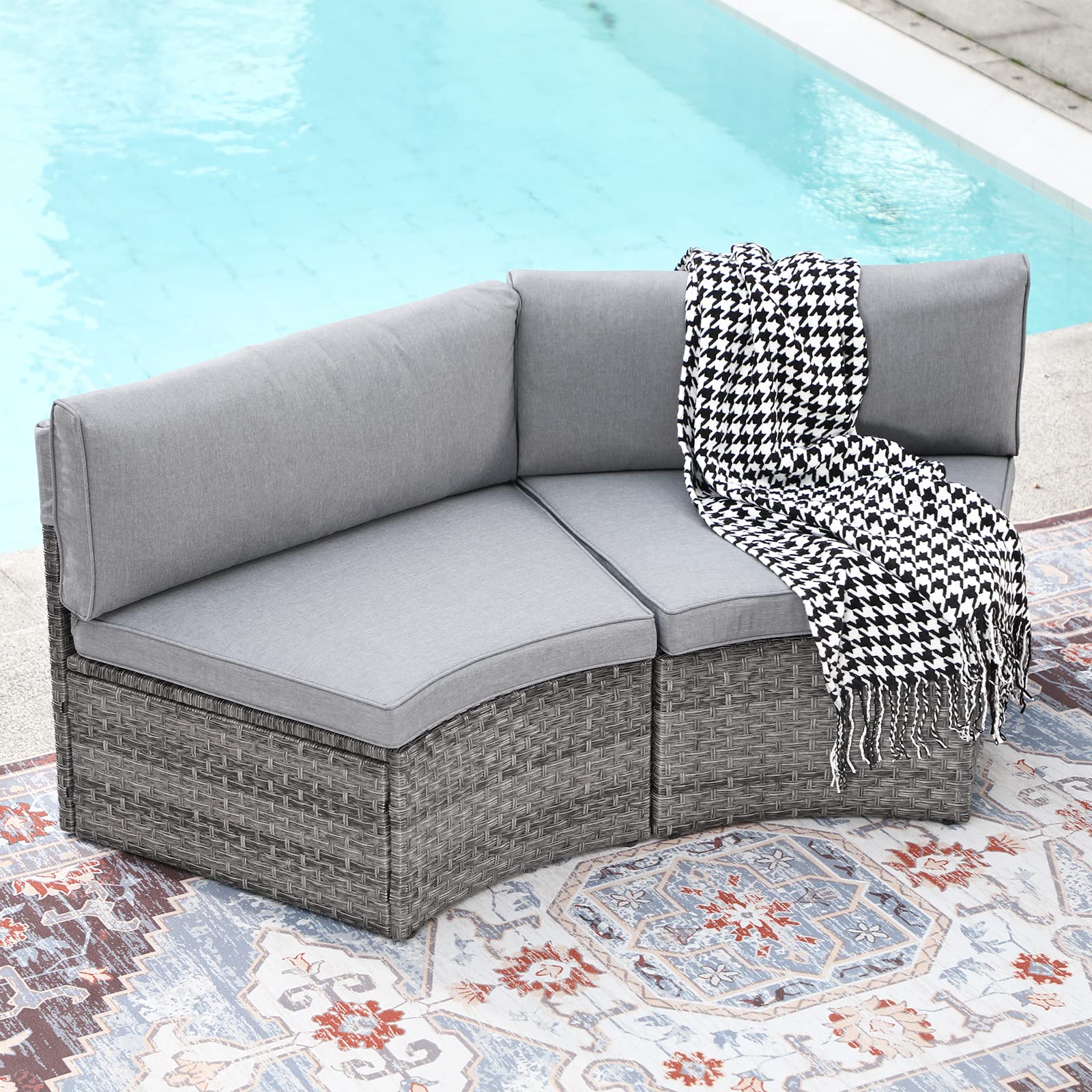 SUNSITT 2-Piece Half Moon Patio Furniture Set - Curved Outdoor Wicker Sofa Sectional with Gray Cushions for Garden, Poolside & Backyard Relaxation