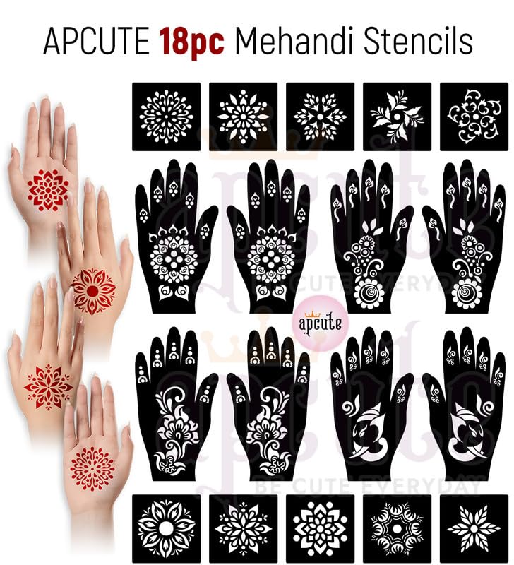 APcute Reusable Temporary Mehndi Tattoo Stencil Kit - 18 Piece Henna Design Set for Women, Girls & Kids | Easy 4-Step Application | Perfect for Weddings, Festivals & DIY Body Art
