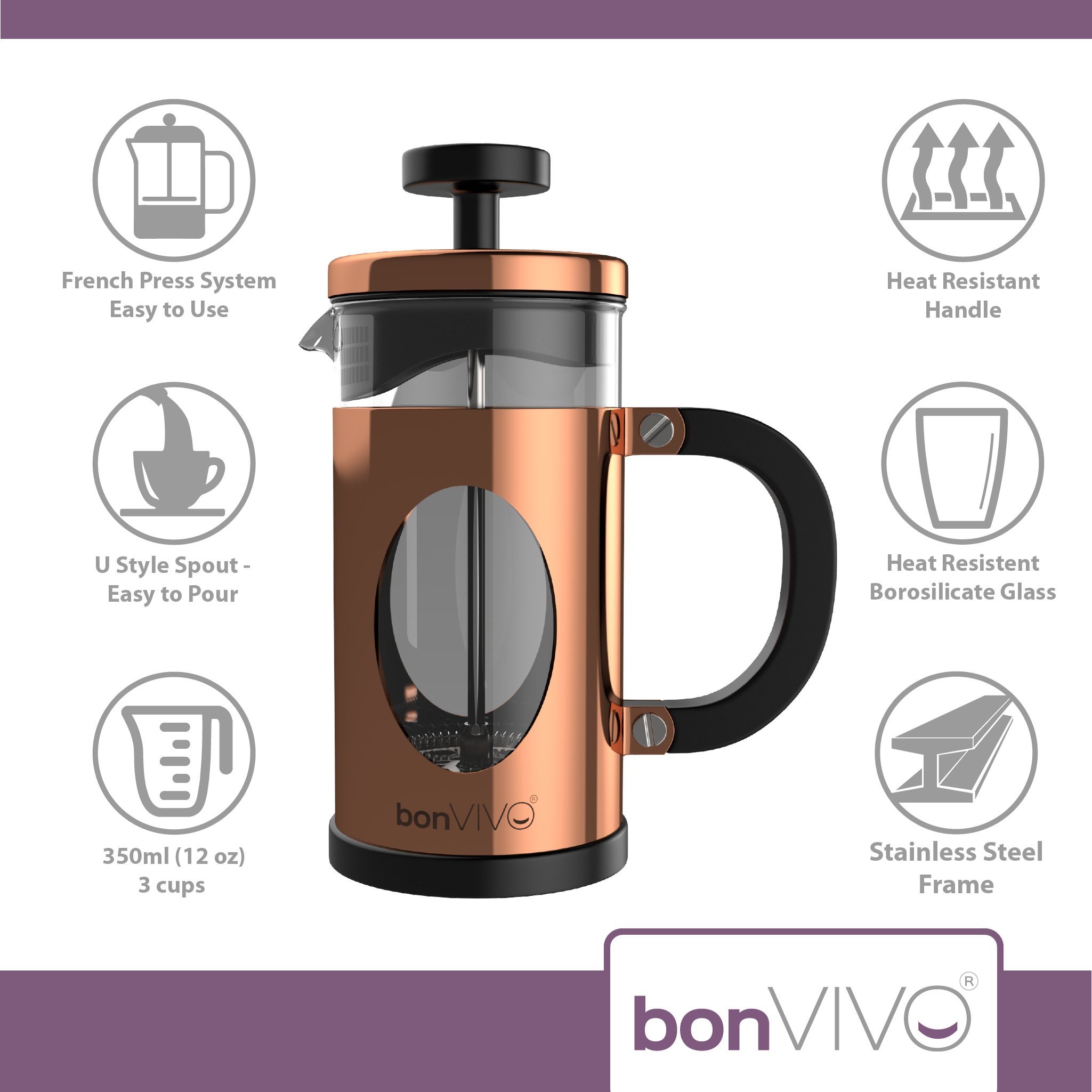 bonVIVO GAZETARO French Press Coffee Maker, 350ml - Glass & Stainless Steel Manual Plunger - Perfect for Coffee, Tea & Herbal Brews - Ideal for Home, Office & Camping Use