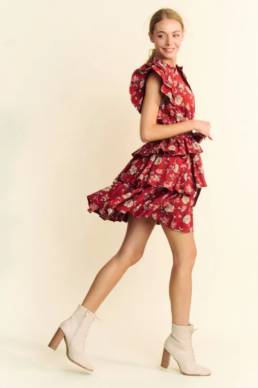 Red Floral Print Tie Waist Tiered Mini Dress for Women - Perfect for Summer Parties, Date Nights & Beach Vacations
