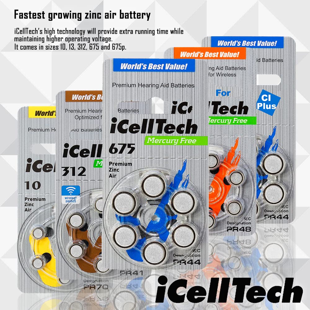 60 Pack iCellTech 675 Hearing Aid Batteries with Convenient Battery Caddy - Long-Lasting Power for Hearing Aids, Perfect for Travel & Daily Use