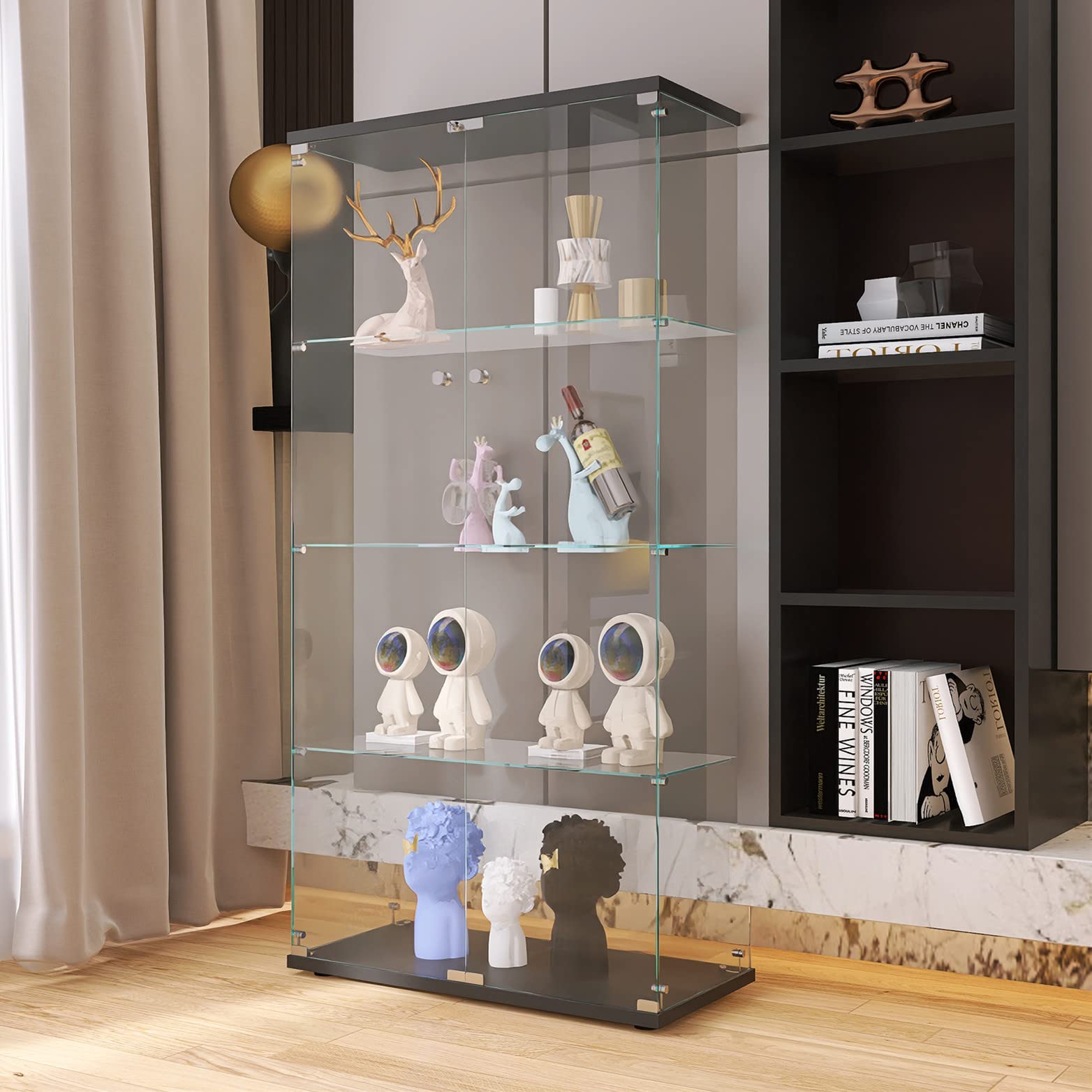 Yoluckea 5.4 Feet Tall Modern Glass Display Cabinet - Floor Standing Curio Cabinet with 4 Shelves & 2 Doors, Clear Glass Storage for Living Room, Bedroom, Study - Easy Assembly | Perfect for Showcasing Collectibles, Books & Home Decor