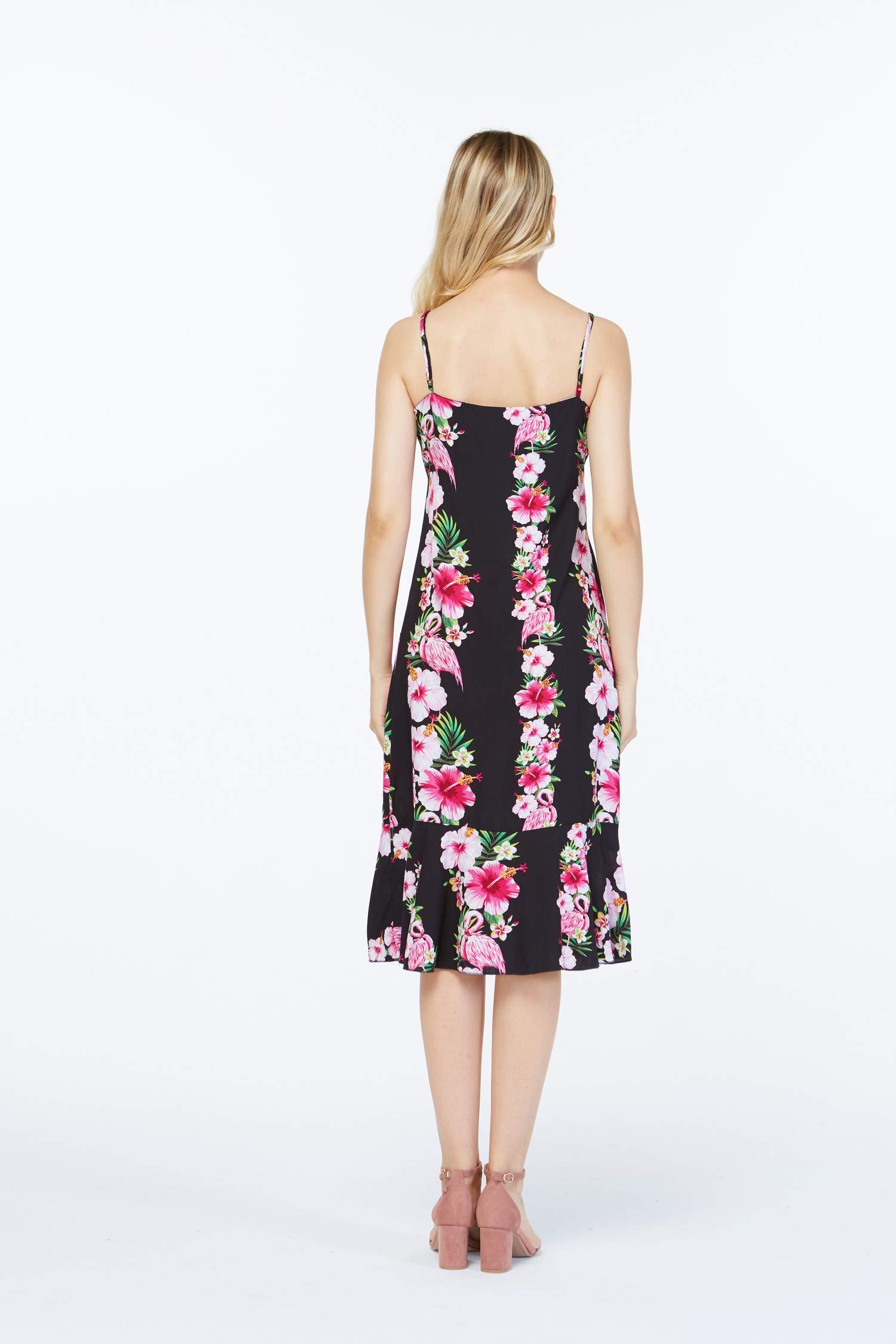 Hawaiian Mermaid Ruffle Dress for Women - Pink & Black Hibiscus Vine Print - Tropical Beach Party, Vacation, Summer Outfit
