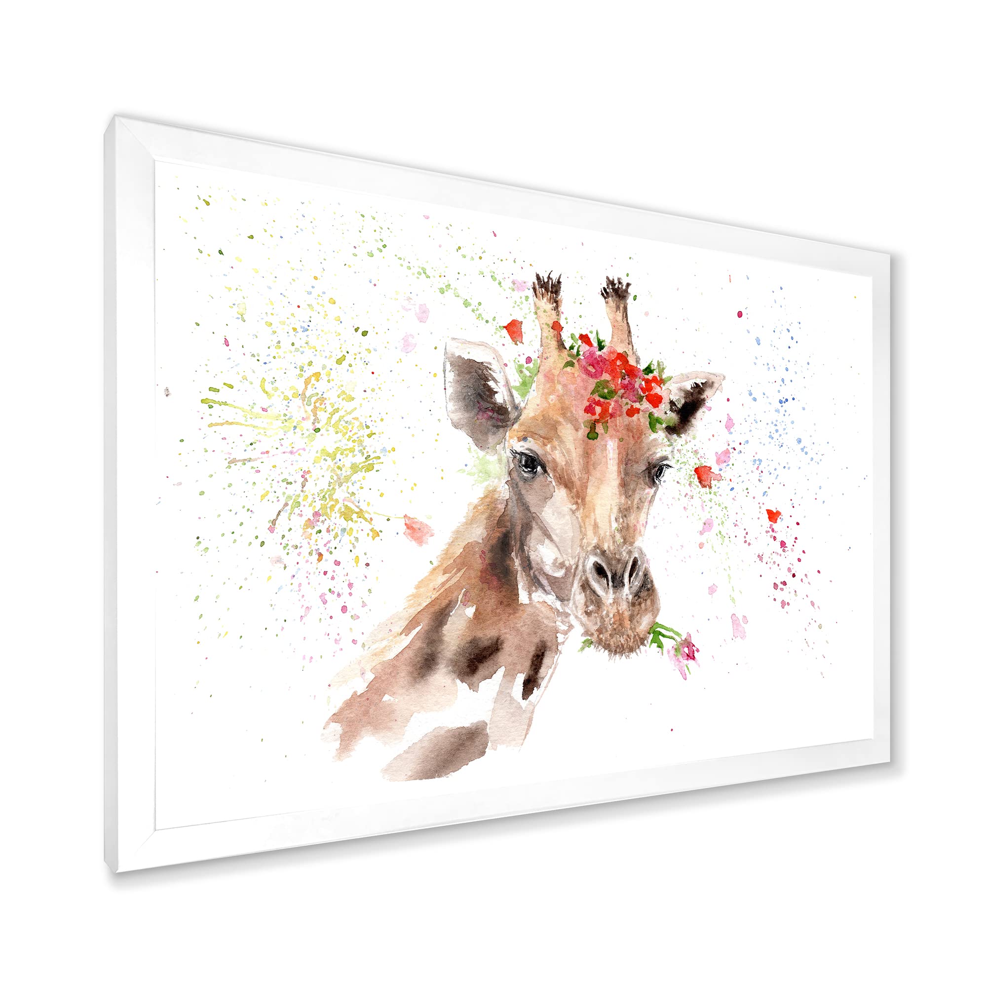 DesignQ Giraffe with Flowers III - Farmhouse Framed Wall Art for Living Room, Bedroom & Office Decor | Modern Animal Portrait Painting for Home & Office