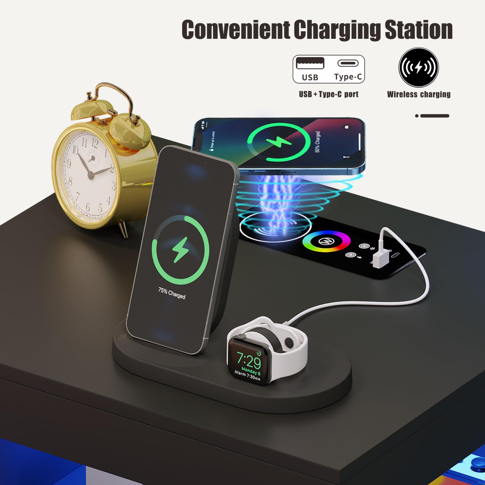 RGB LED Nightstand with USB Charging Station & Drawers - Smart Human Sensor Lights, Modern Black End Table for Bedroom, Living Room, Office - Perfect for Nighttime Reading, Device Charging & Ambient Lighting