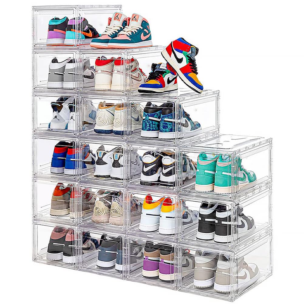 12 Pack Clear Acrylic Shoe Storage Boxes – Stackable Sneaker Display Case with Magnetic Door for Sneaker Collection, Boots & Hats Organizer (Fits US Size 15) | Perfect for Closet Organization & Shoe Store Displays