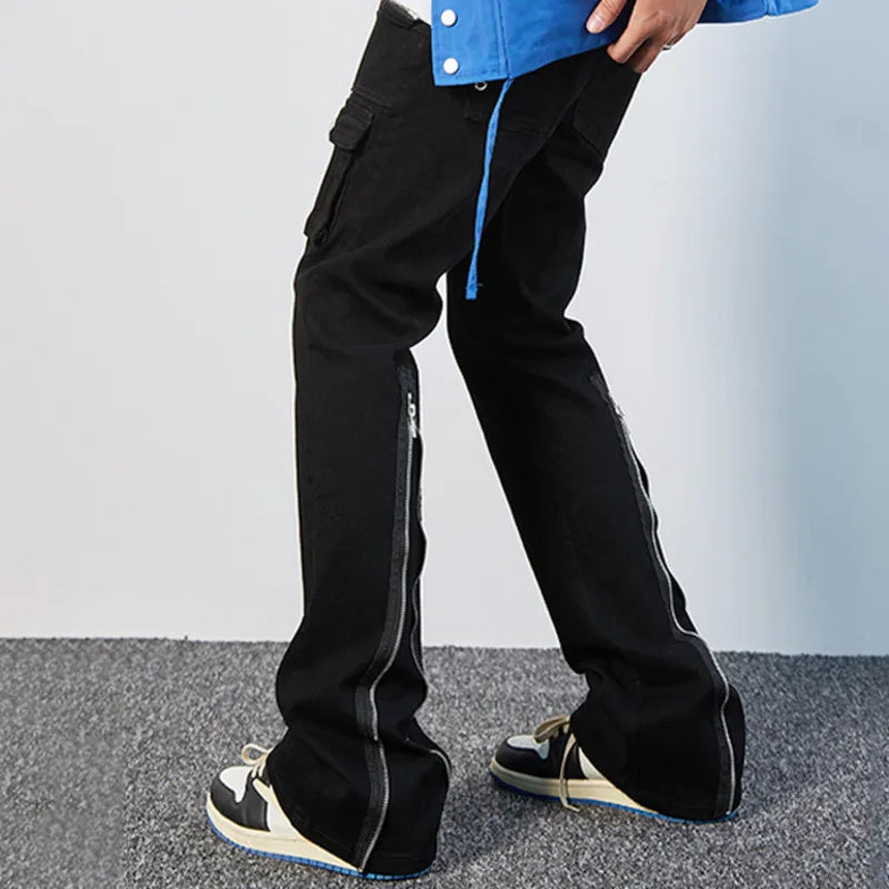 2024 Winter American Style Men's Denim Pants - Slim Fit Flared Leg Jeans with Zipper Patchwork & Multiple Pockets | Casual Wear, Street Fashion, Everyday Outfits