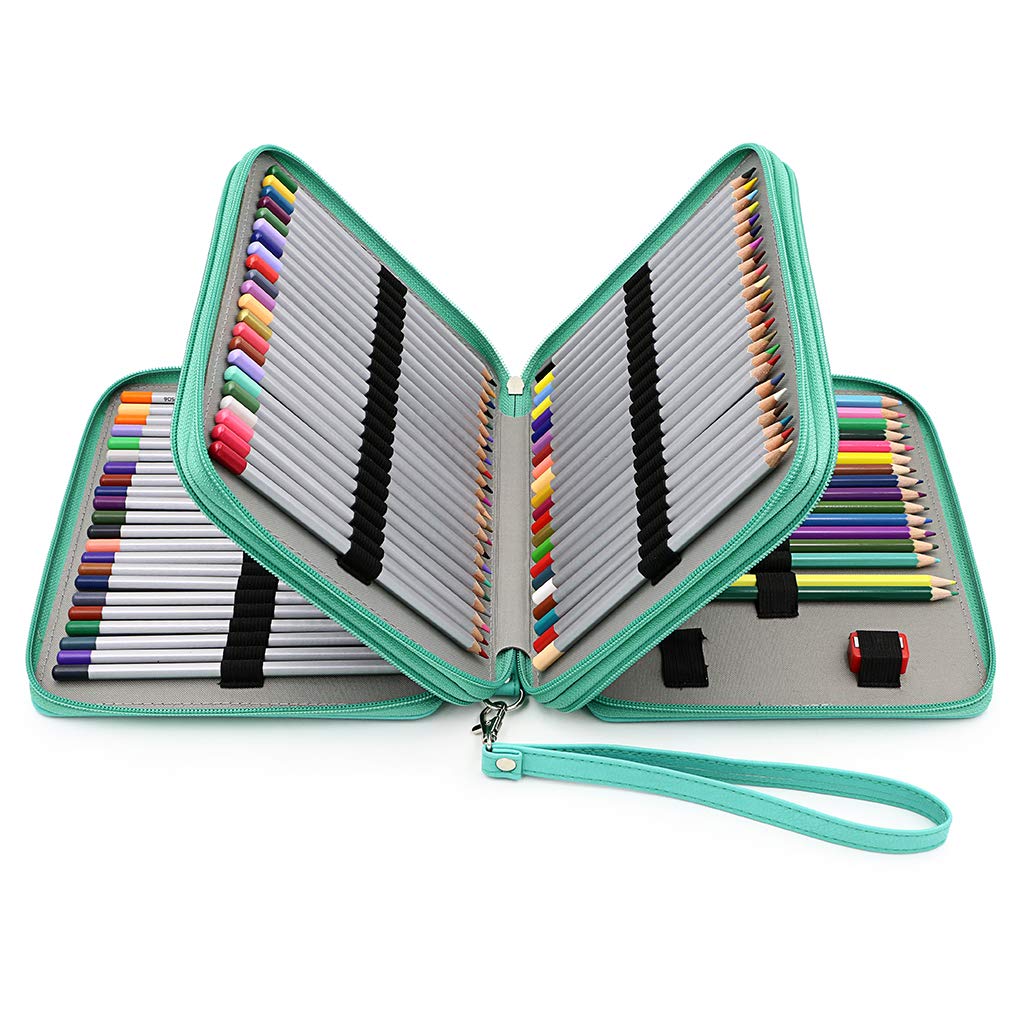 BTSKY Deluxe PU Leather Pencil Case for Colored Pencils - 120 Slot Large Capacity Artist Pencil Holder with Handle Strap, Portable Art Supply Organizer for School, Office & Travel (Green)