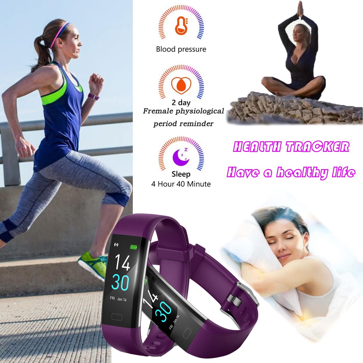 Fitness Tracker Watch with Heart Rate Monitor, Step Counter, Calorie & Sleep Tracker - IP68 Waterproof Smartwatch with Stopwatch & Pedometer (Purple) - Perfect for Running, Gym Workouts & Daily Activity Tracking