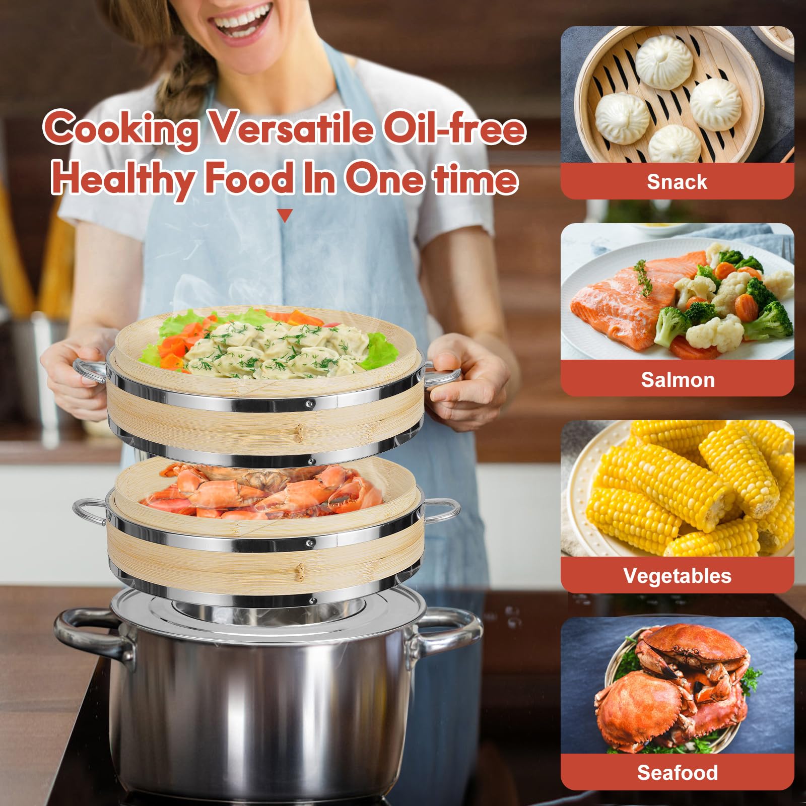 Premium 2-Tier 10-inch Bamboo Steamer Basket Set with Reinforced Rim & Comfortable Handle - Perfect for Steaming Dumplings, Buns, Dim Sum, Potstickers, Asian Cuisine & Vegetables - Ideal for Home Cooking, Meal Prep & Healthy Eating