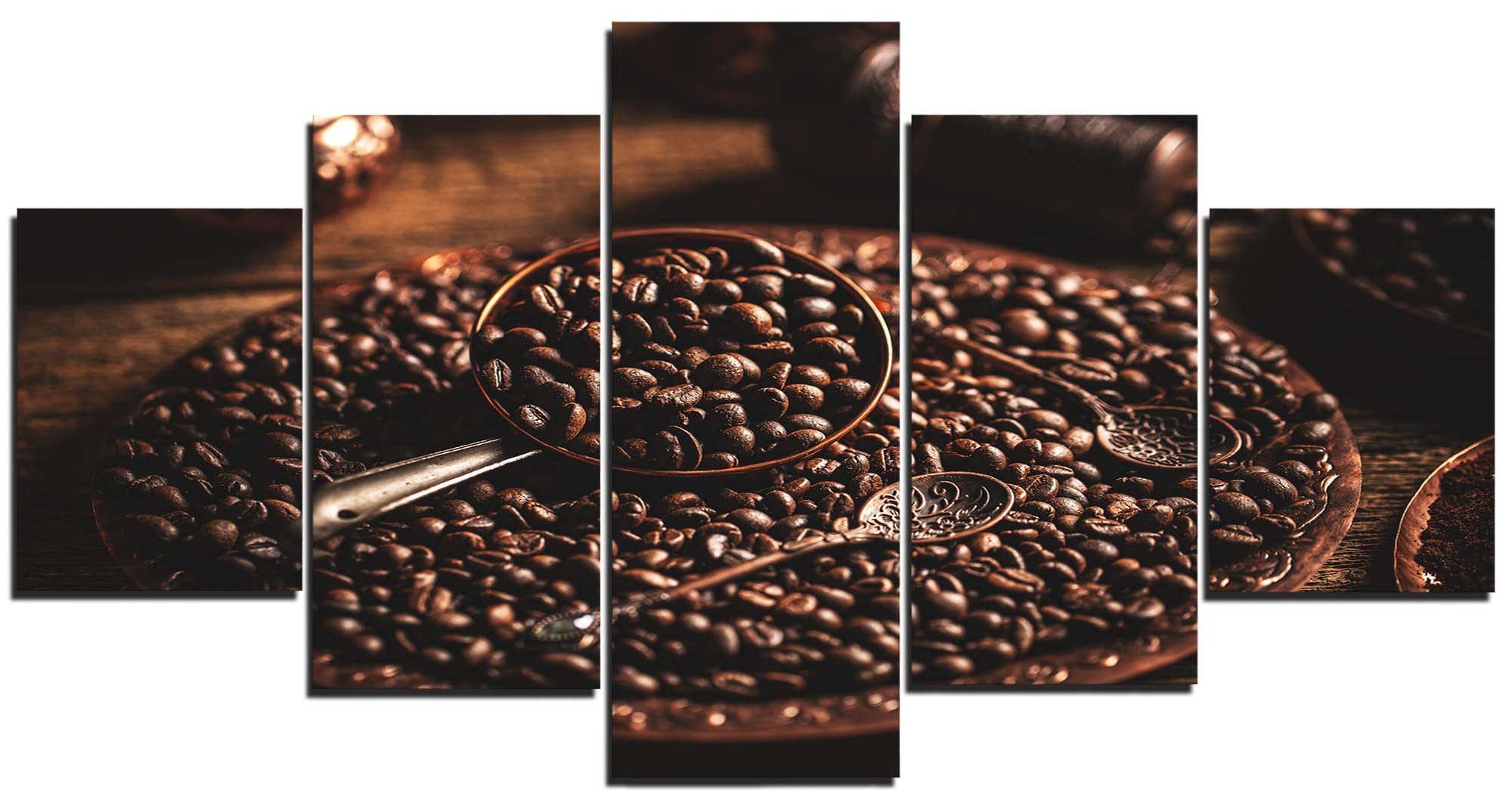 Brown Coffee Beans & Cup Plate Canvas Wall Art - 5 Panel Kitchen Decor Painting for Home, Living & Dining Room (60''Wx32'') | Perfect for Cafe Style Decor & Coffee Lovers Gifts
