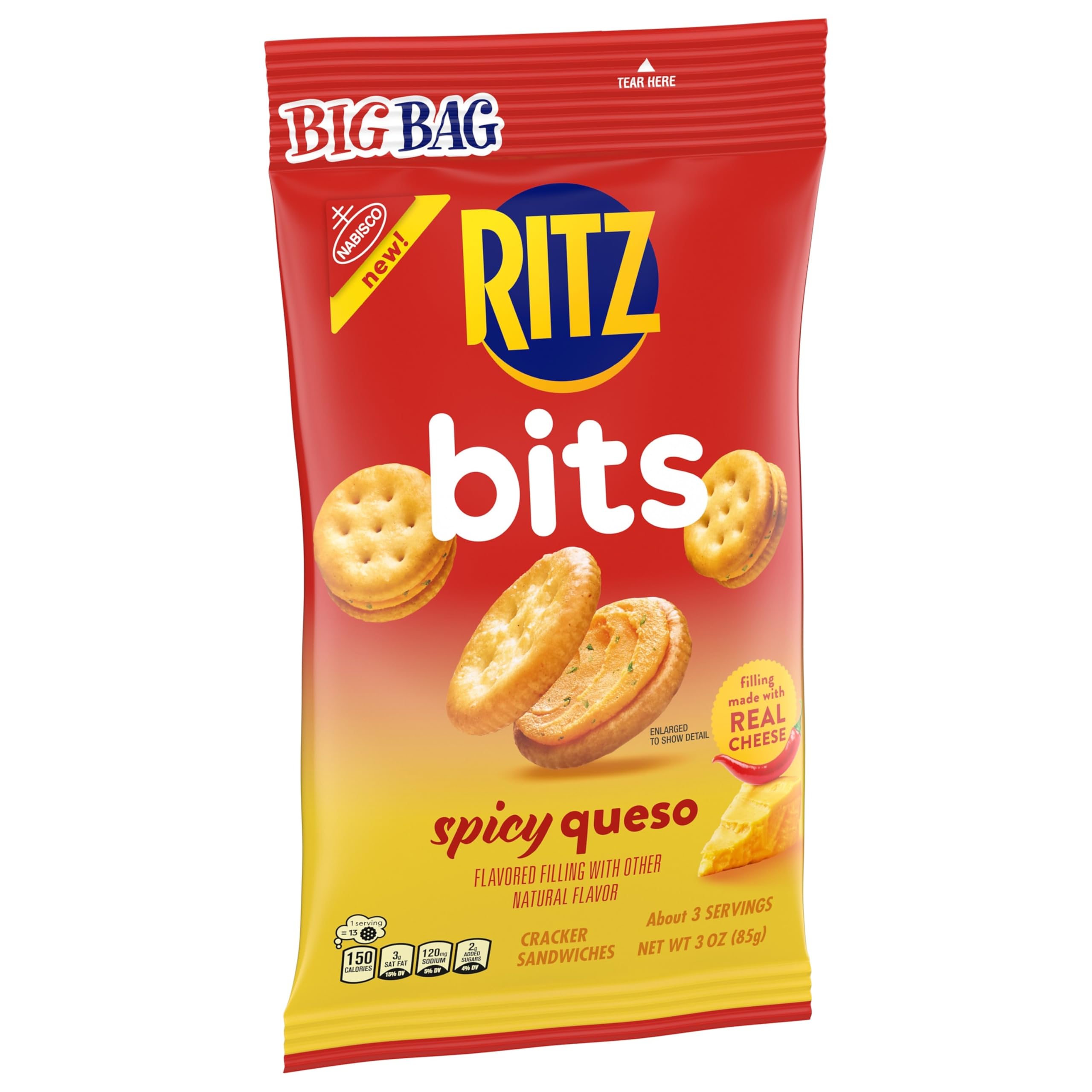 Spicy Queso Sandwich Crackers | RITZ Bits Bulk Snacks for Kids & Adults | 12 Pack (3 oz Bags) | Perfect for School Lunch, Office Snacks & On-the-Go Munching