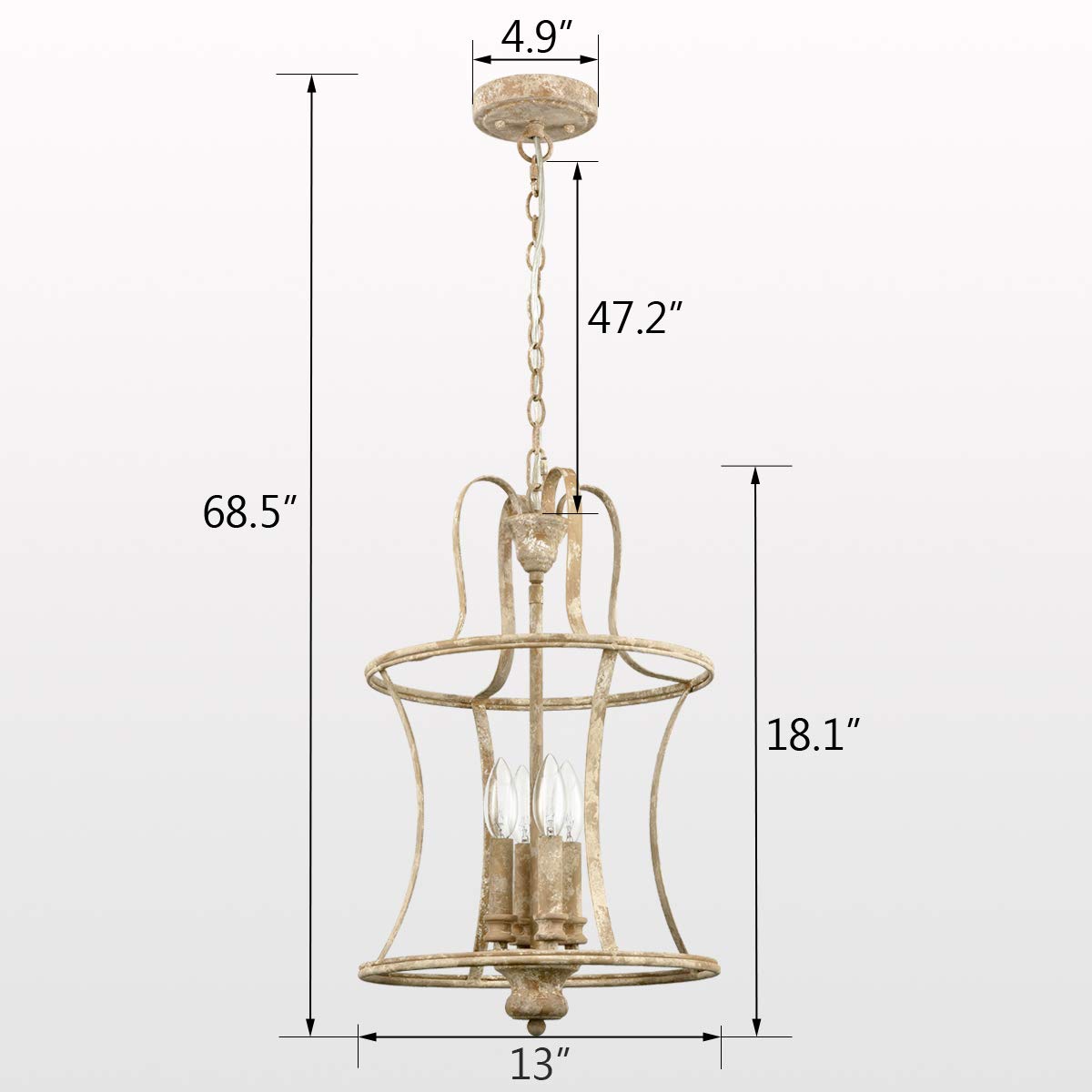 French Country Lantern Chandelier - 4-Light Distressed White Pendant Light Fixture with Chain - Modern Farmhouse Lighting for Kitchen Island, Dining Room, Foyer & Bedroom - Rustic Elegant Ceiling Light for Home Decor