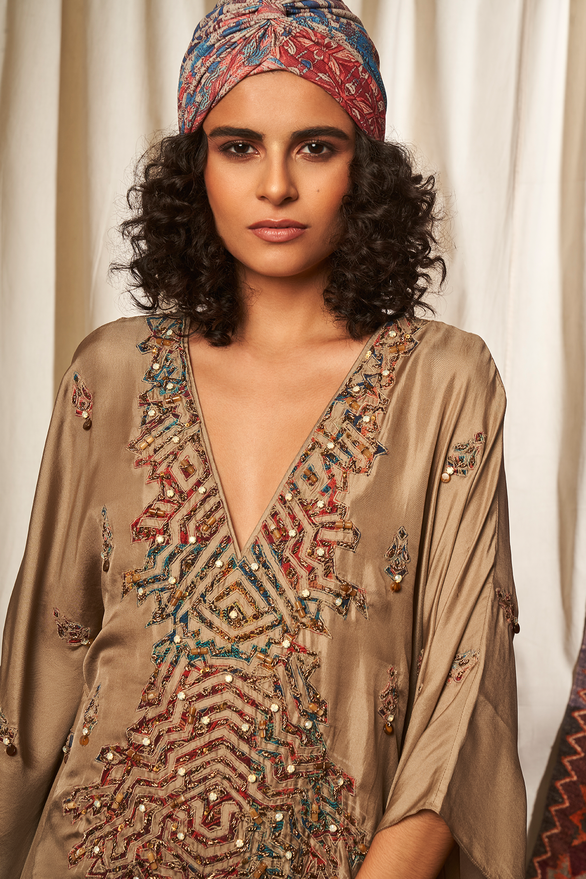 Elegant Almond Kaftan with Intricate Applique Work - Boho Chic Loose Dress for Beach, Vacation & Summer Outfits