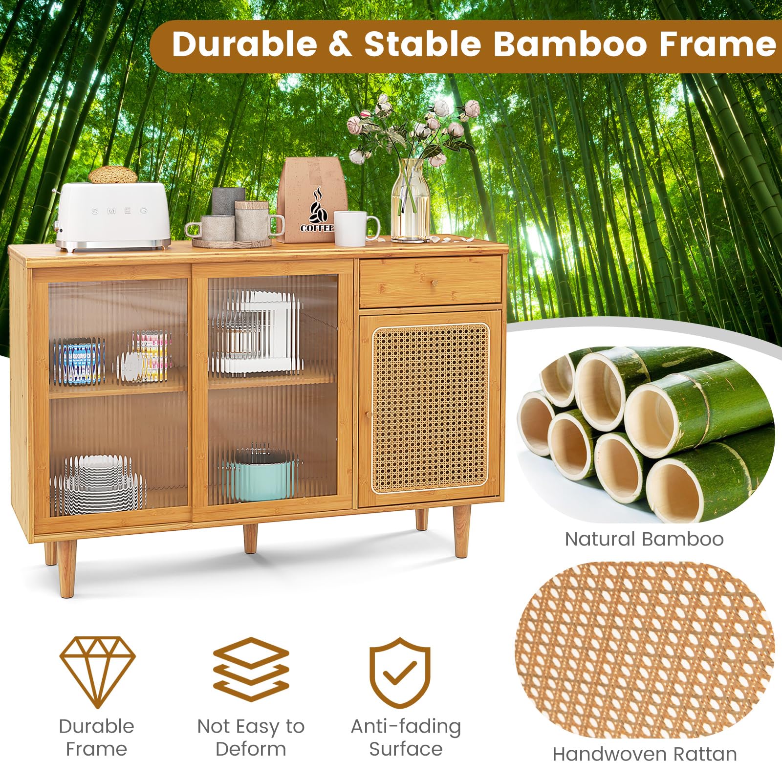 Giantex Bamboo Buffet Cabinet with Storage - Farmhouse Style Sideboard with Drawers & Rattan Glass Doors - Kitchen Cupboard, Entryway Console Table for Dining Room, Coffee Bar - Perfect for Home Decor, Entertaining & Storage Solutions