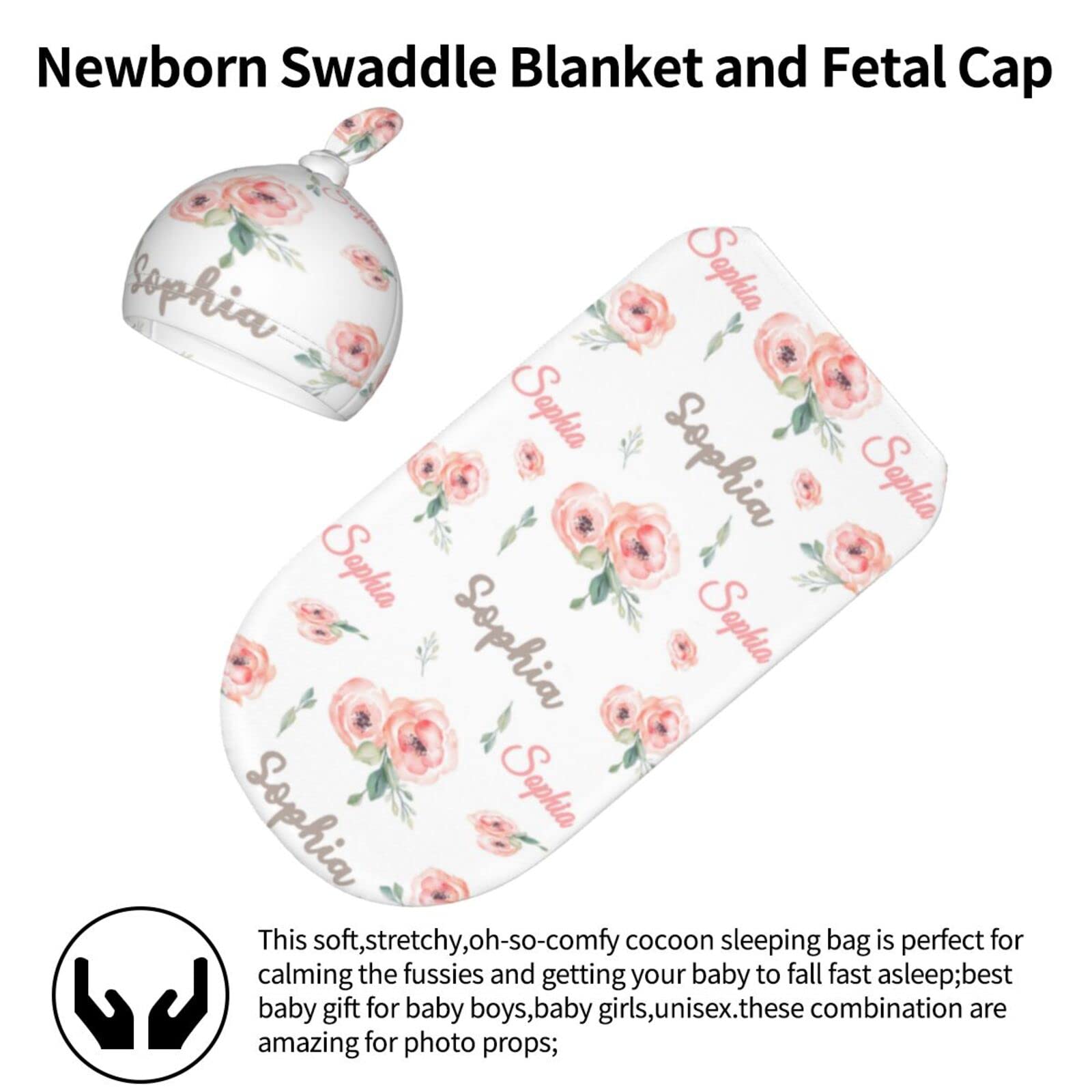 Personalized Baby Blankets with Hat for Girls & Boys - Custom Name Embroidered Swaddle Blanket for Newborn Gifts, Baby Shower, Christening & Nursery Decor