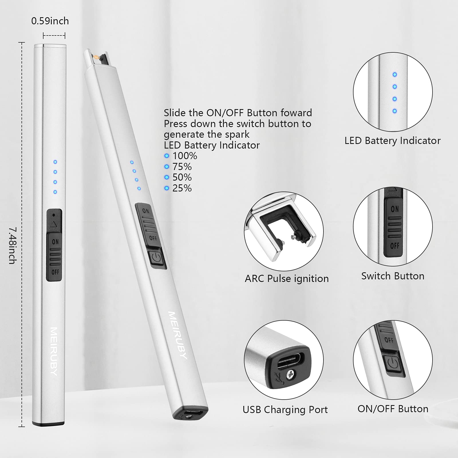 Rechargeable USB Electric Arc Lighter - Windproof Flameless Lighter for Candles, Camping, BBQ & Gifts (Silver) | Perfect for Birthday, Mother's Day, Women's Day - Great Gift for Women, Mom, Wife & Men
