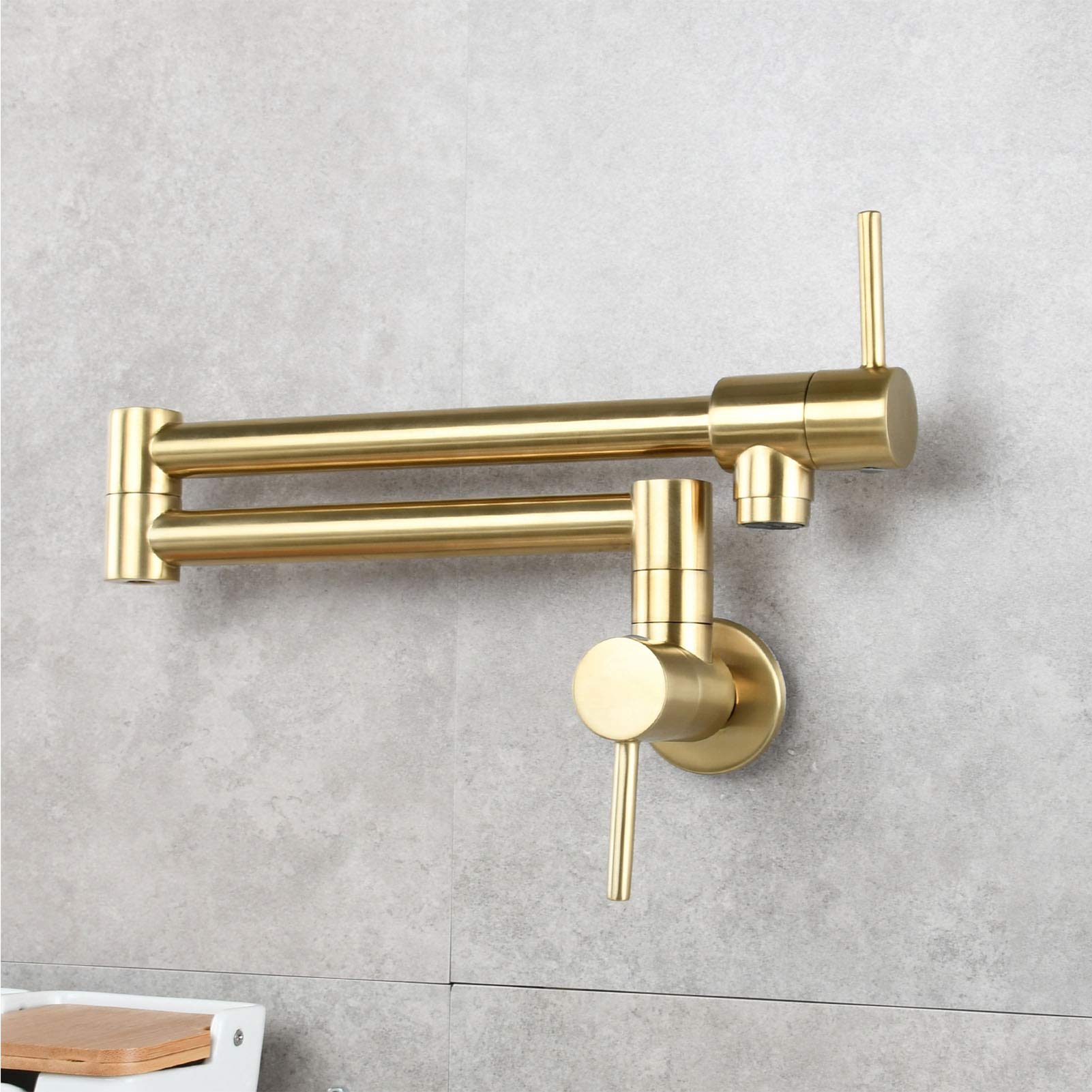 Brass Pot Filler Faucet Wall Mount, Brushed Gold Dual Swing Folding Arms Rotatable Joints Two Handle Kitchen Tap for Stove and Cooking Convenience