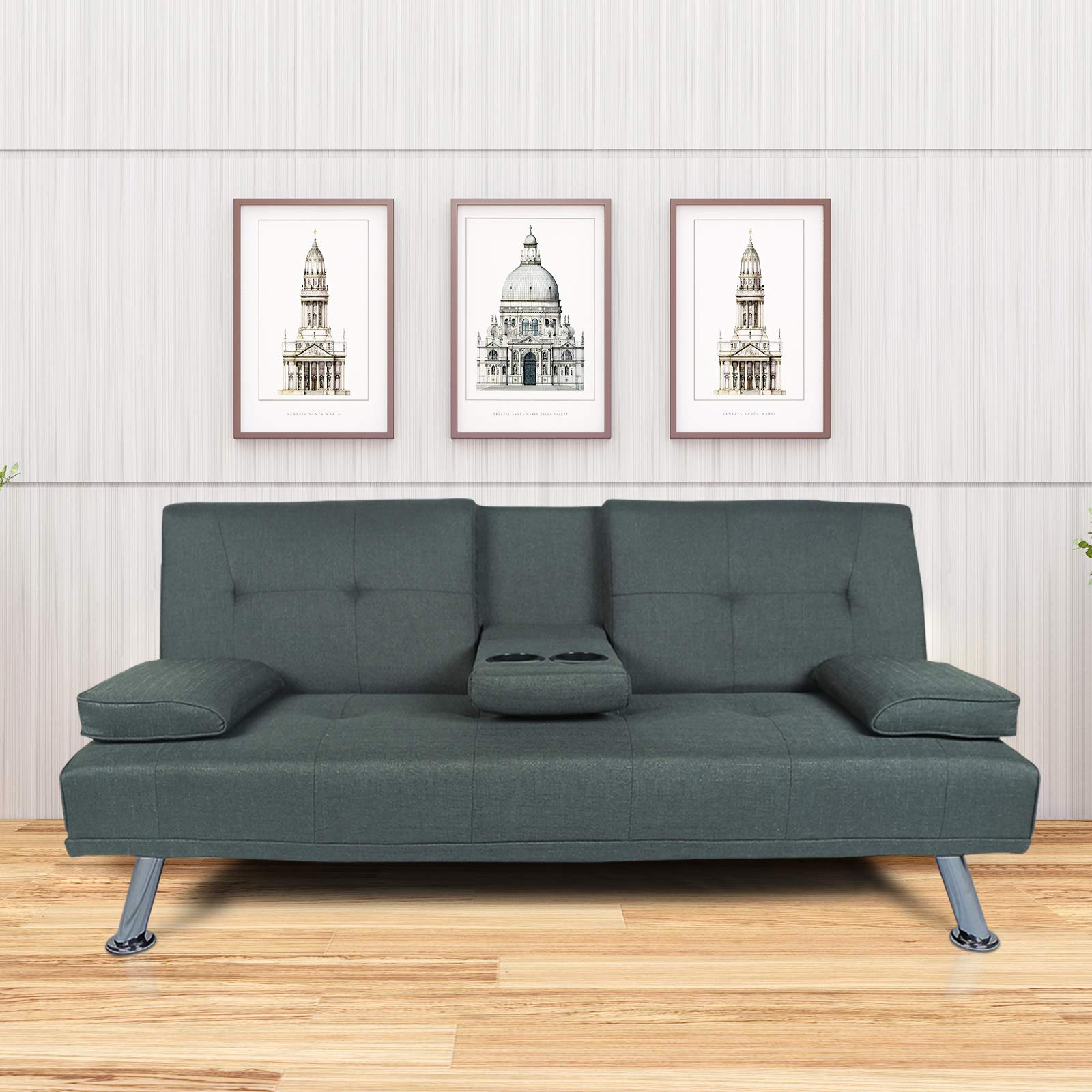 HomVent Modern Convertible Folding Futon Sofa Bed - Linen Upholstered Sleeper Couch with Armrests, Metal Legs & 2 Cup Holders - Space Saving Furniture for Small Apartments, Dorms, Guest Rooms & Home Offices (Dark Grey) | Perfect for Compact Living Spaces, Studio Apartments & Multi-Functional Areas