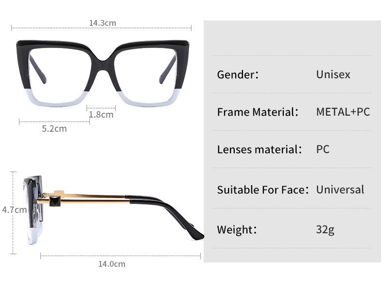 CCspace Women's Full Rim Large Square Cat Eye Glasses - Stylish PC Plastic & Alloy Frame Eyewear 56578 - Perfect for Office, Reading & Fashion Accessories