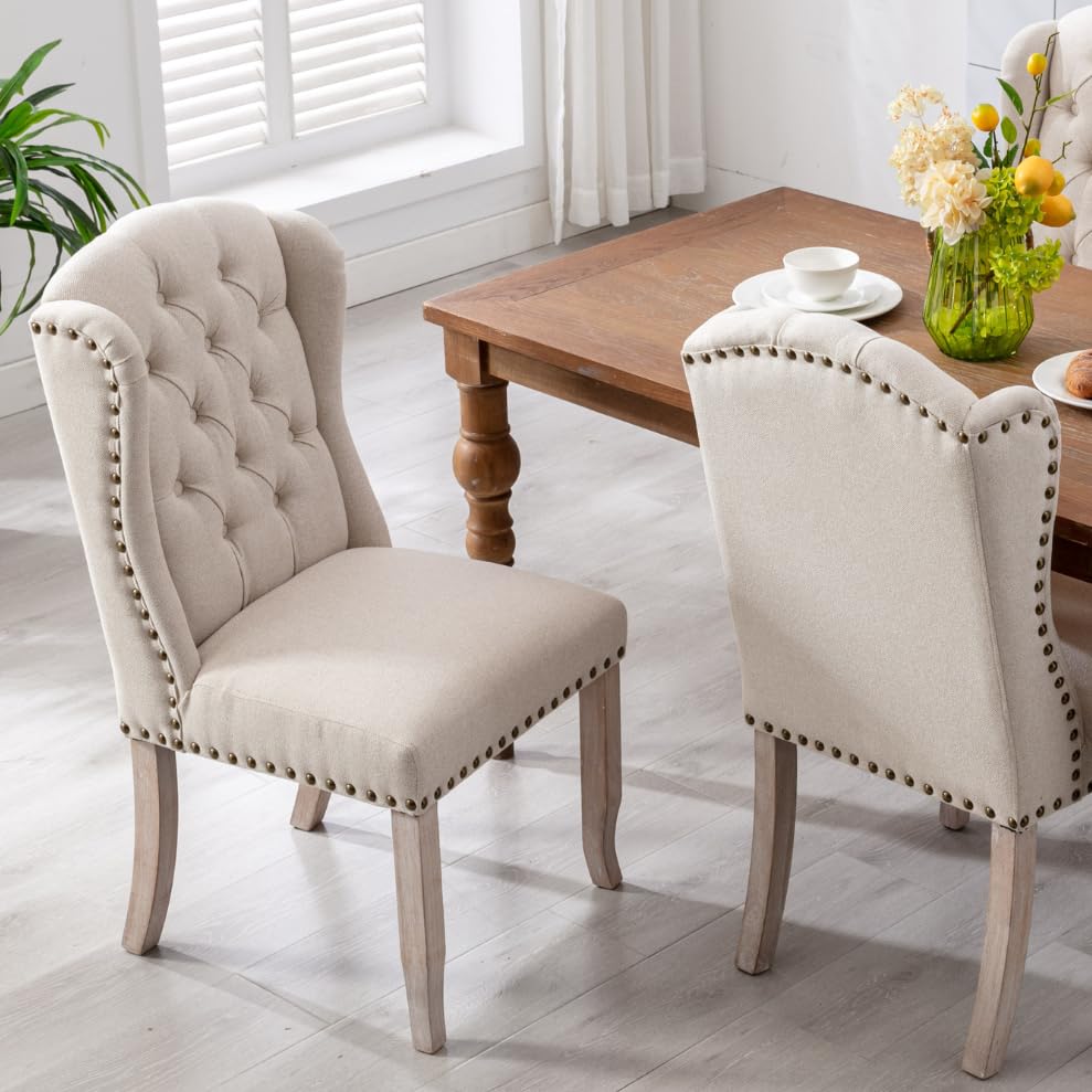 LukeAlon Classic Linen Dining Chairs Set of 2 - Upholstered Button Tufted Side Chairs with Solid Wood Legs & Nailhead Trim - Elegant High Back Kitchen Dining Room Chairs for Home, Restaurant, Cafe - Beige