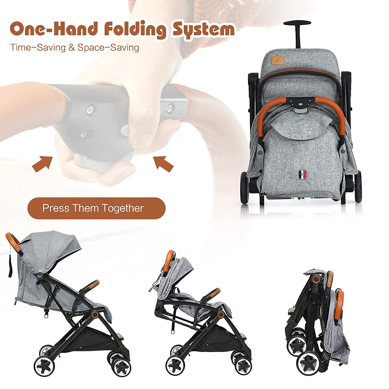 HONEY JOY Lightweight Baby Stroller - Compact One-Hand Foldable Travel Stroller for Airplane, Fits in Cabin & Overhead Bin, Self-Standing Toddler Stroller with Adjustable Backrest & Canopy (Gray) - Perfect for Air Travel, Shopping, and Everyday Use with Your Baby
