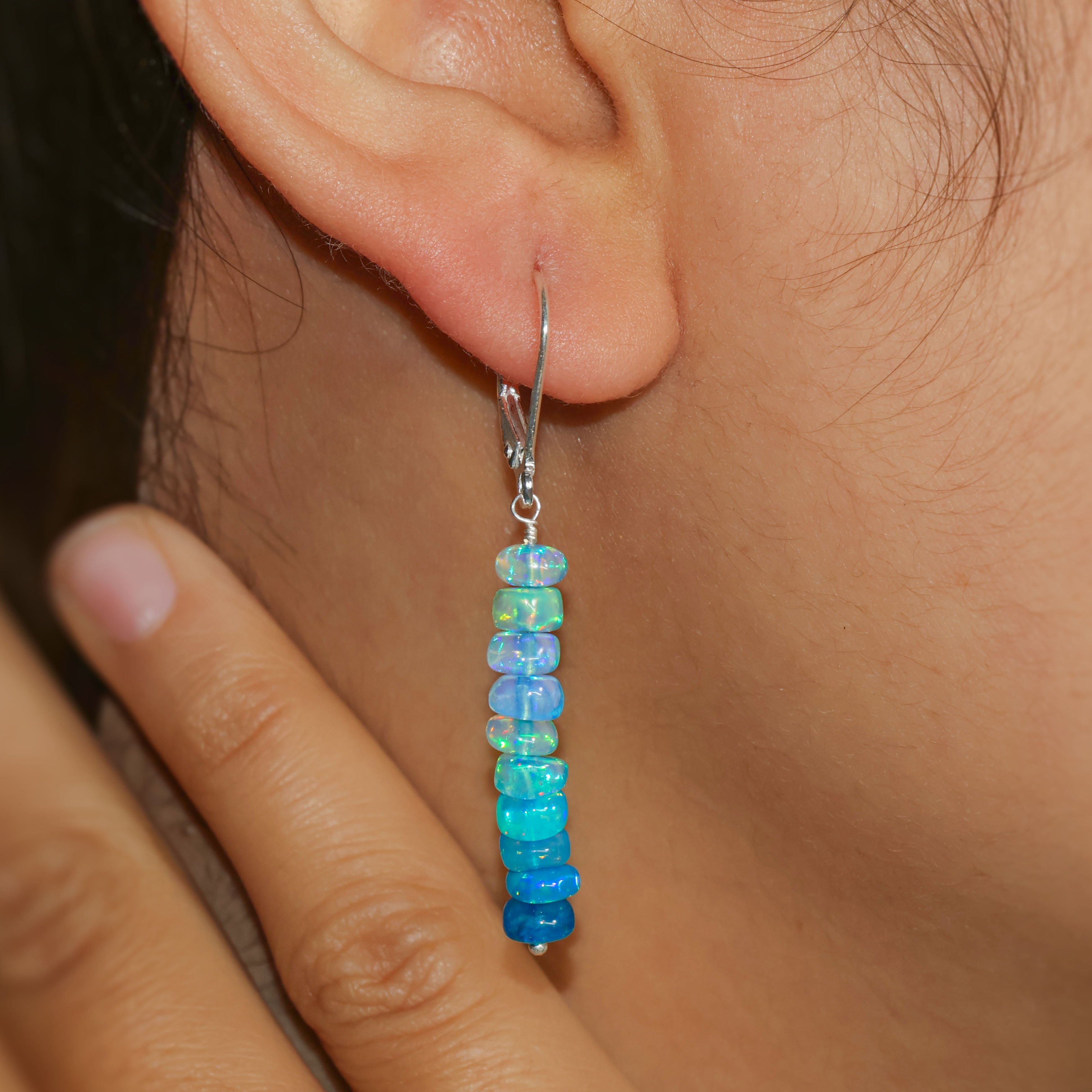 Natural Paraiba Opal Linear Beaded Dangle Drop Earrings for Women | Handmade Gemstone Jewelry | Boho Chic & Wedding Accessories | Perfect for Parties, Date Nights & Special Occasions